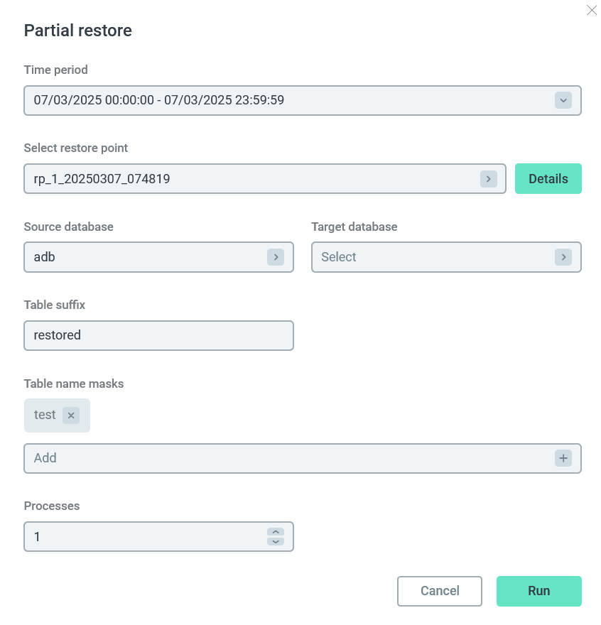 Форма действия Partial restore