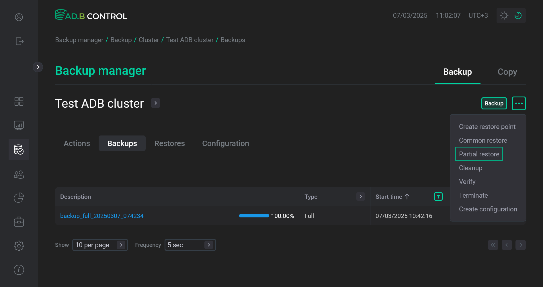 Переход к действию Partial restore
