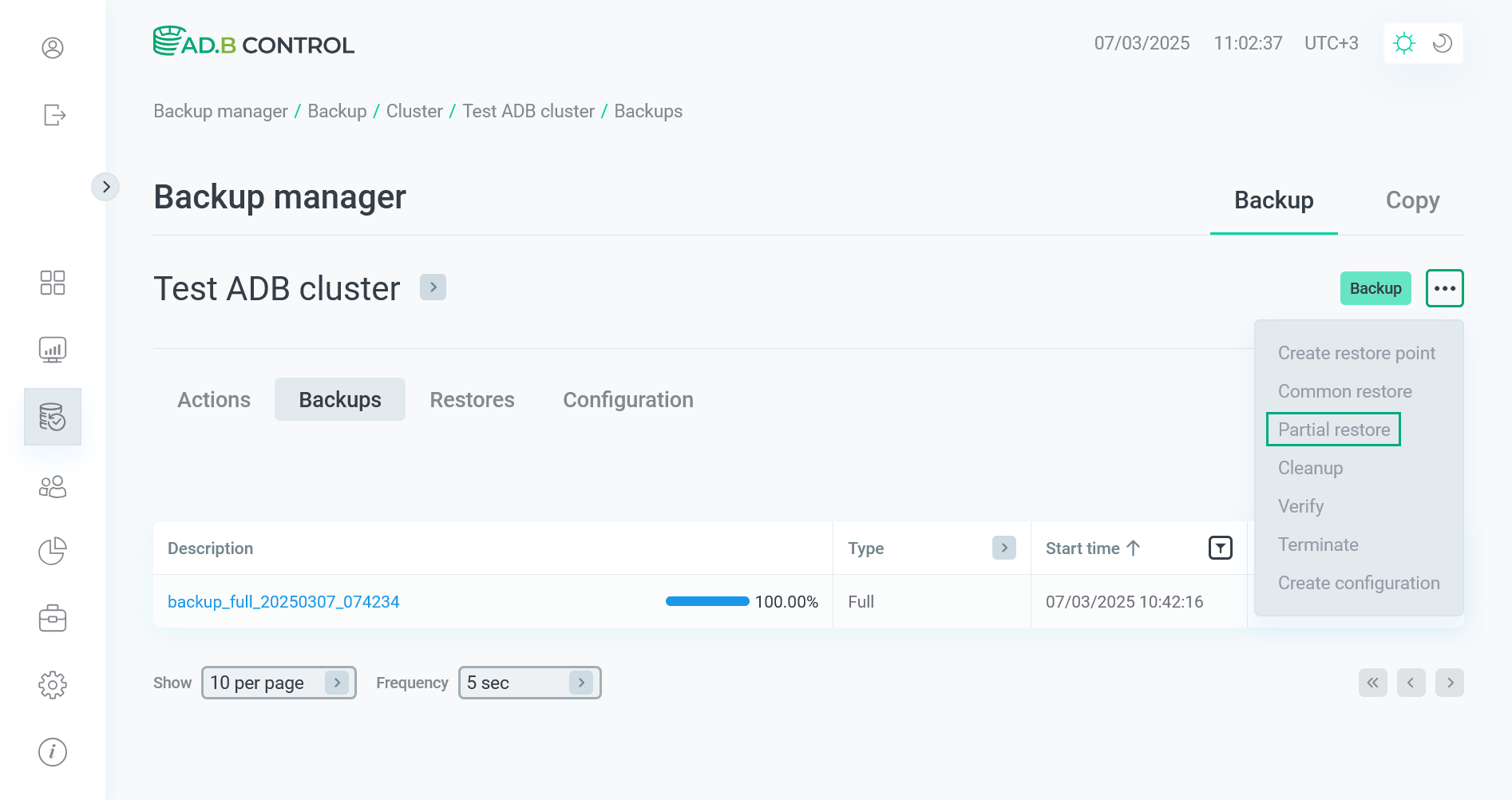 Переход к действию Partial restore