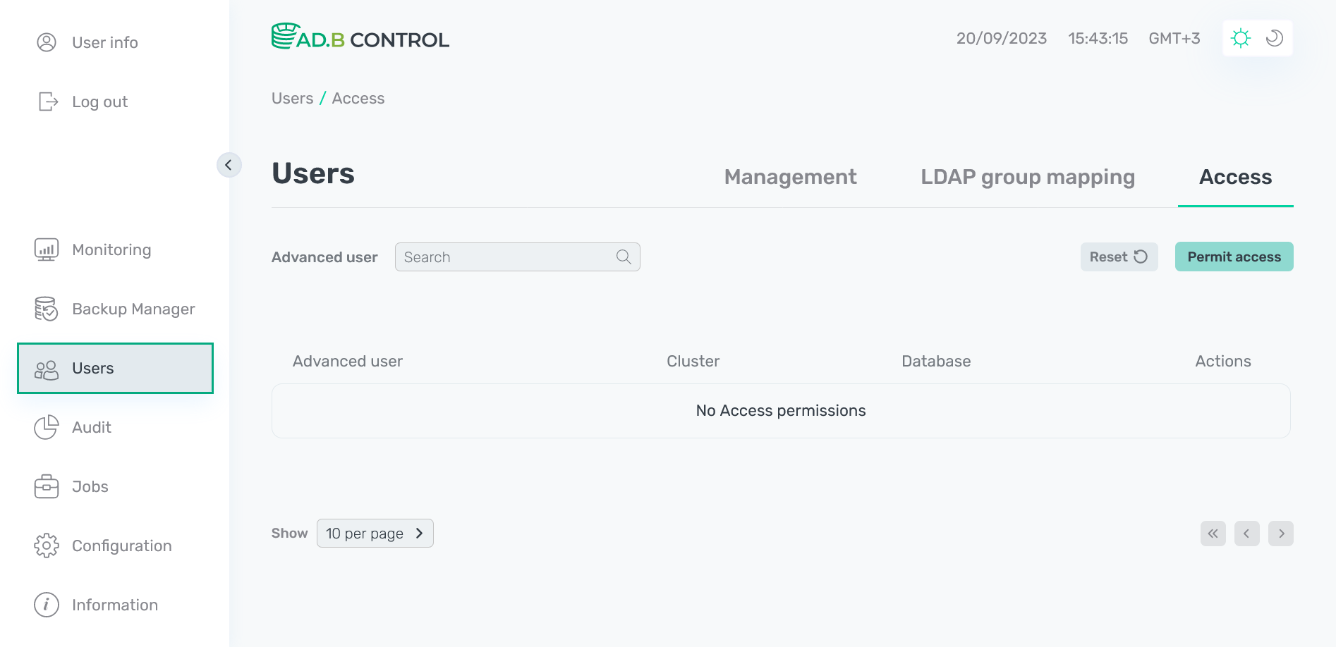 Вкладка Access на странице Users