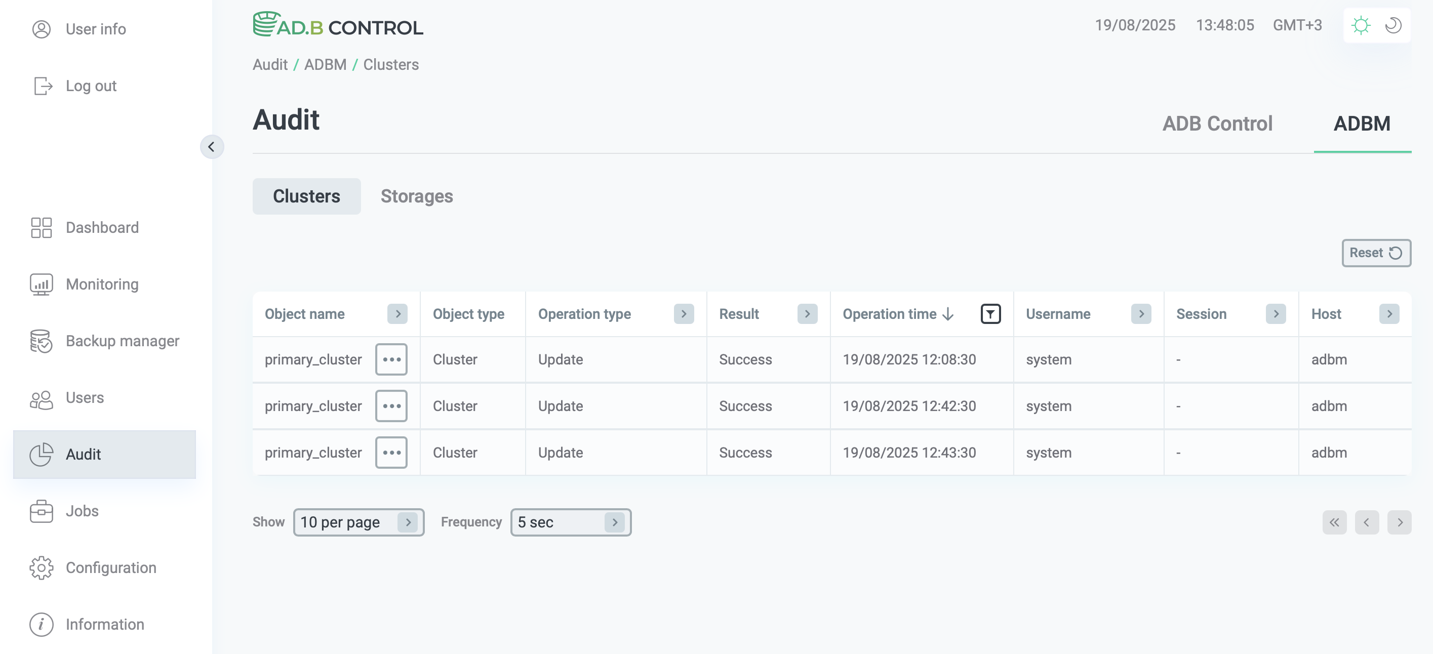 Вкладка Clusters