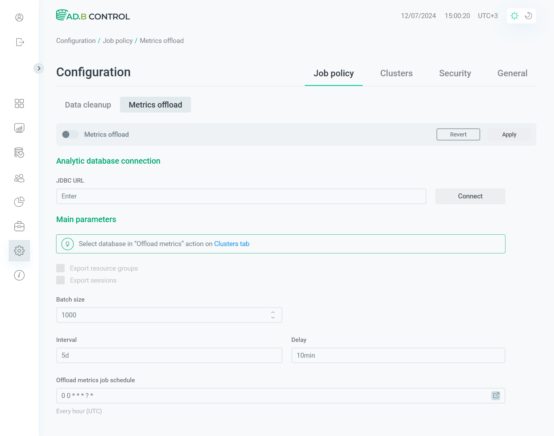 Вкладка Configuration → Job policy → Metrics offload