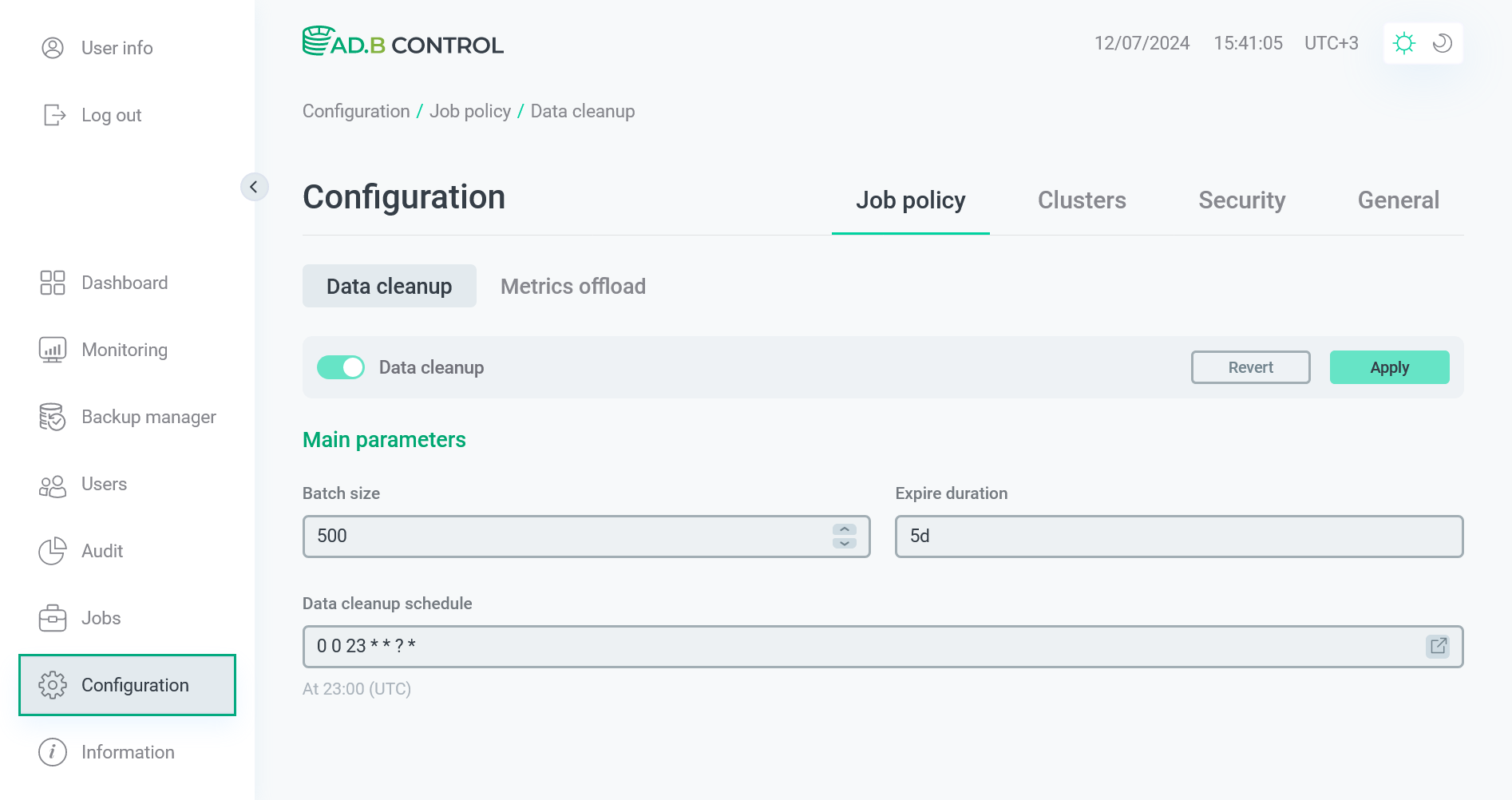 Вкладка Configuration → Job policy → Data cleanup