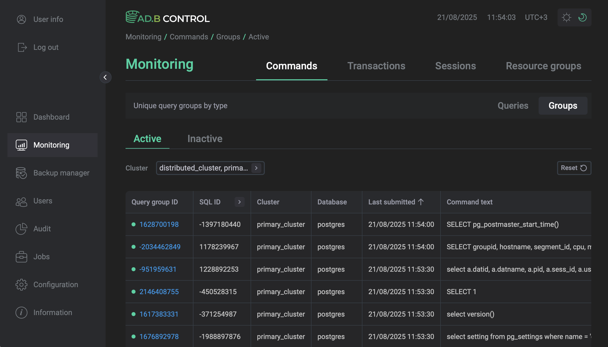 Вкладка Monitoring → Commands → Groups