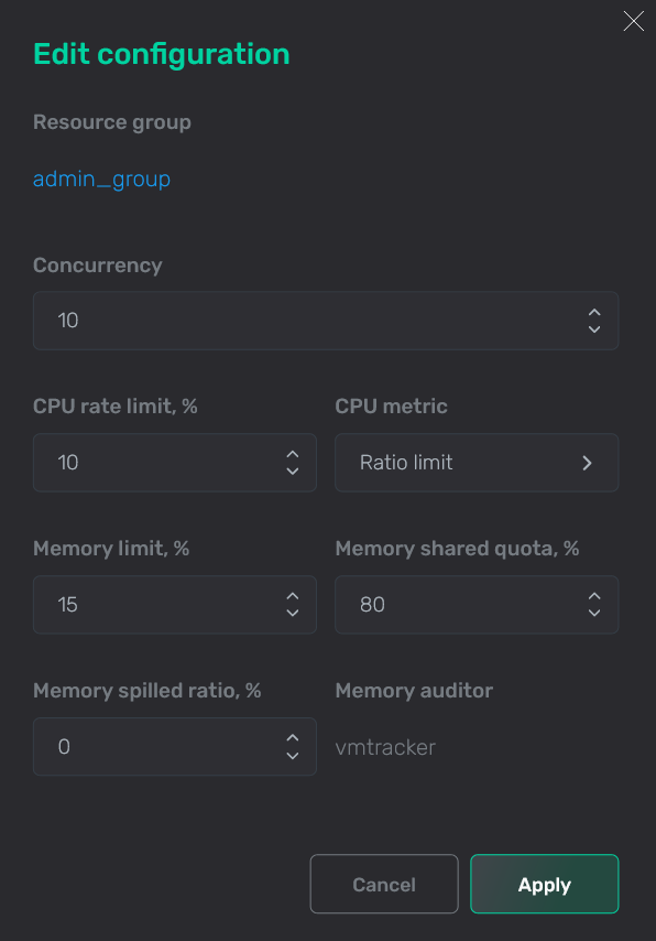 Редактирование настроек ресурсной группы