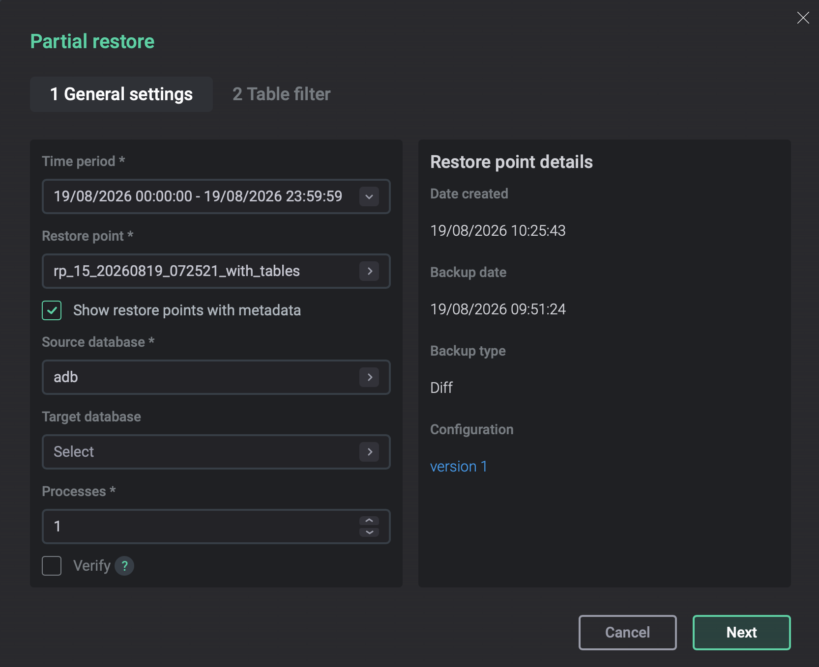 Форма действия Partial restore. Шаг General settings