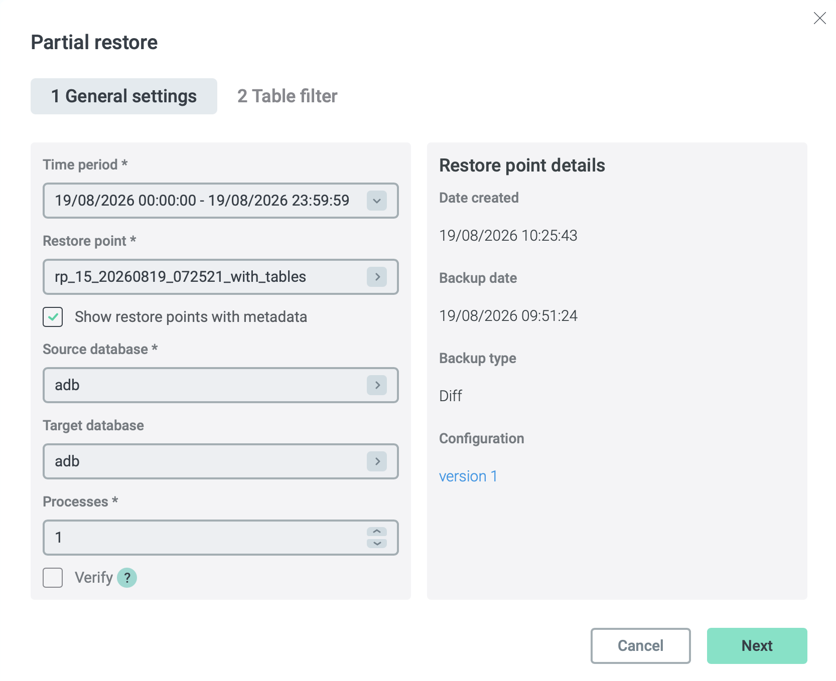 Форма действия Partial restore. Шаг General settings