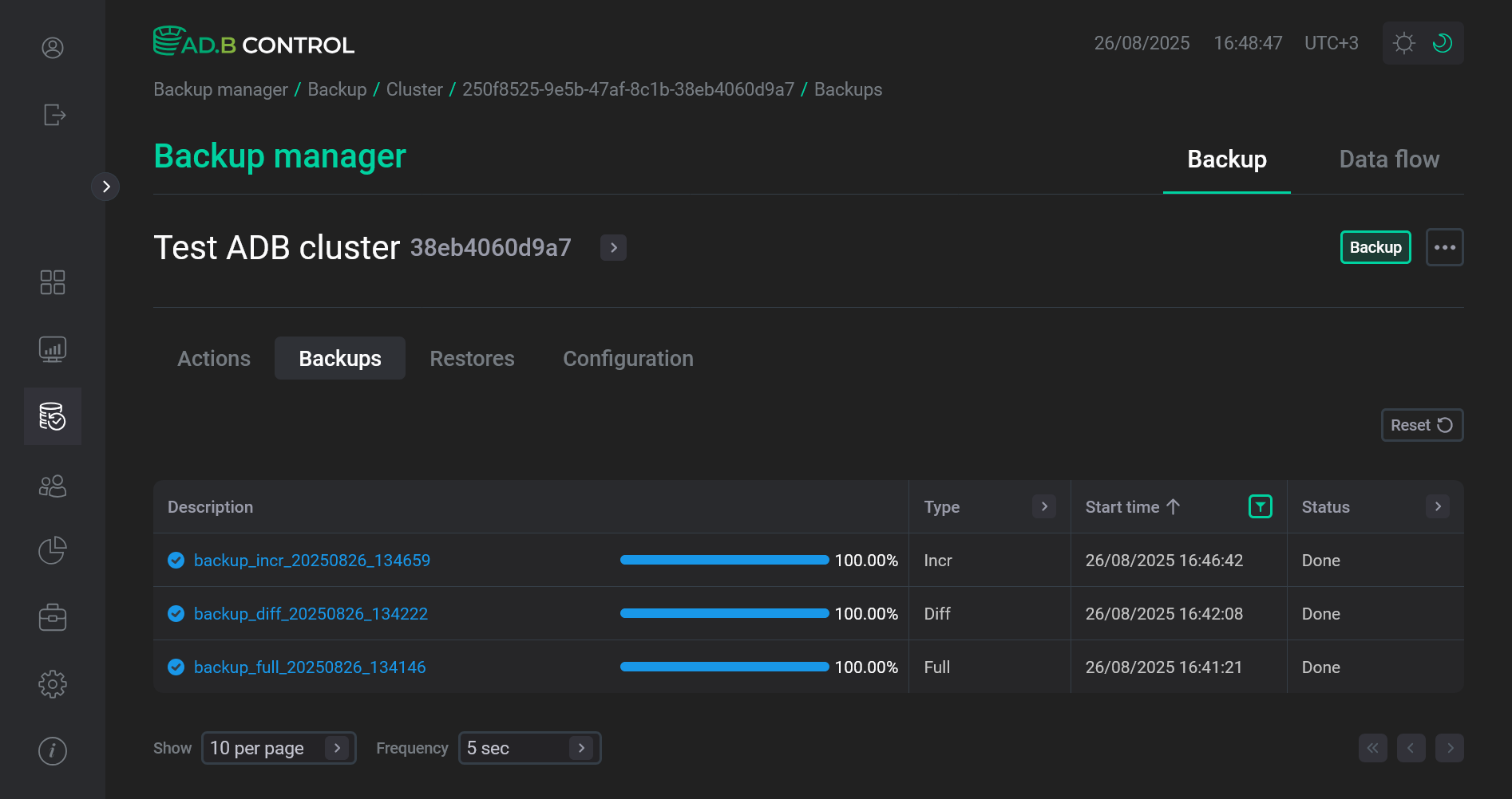 Вкладка Backups