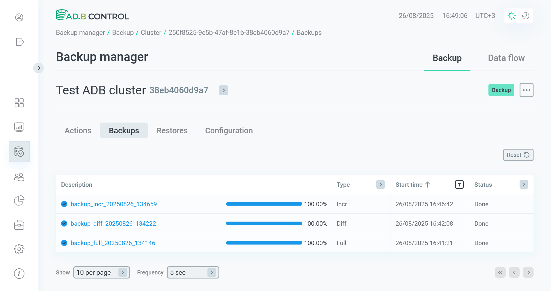 Вкладка Backups