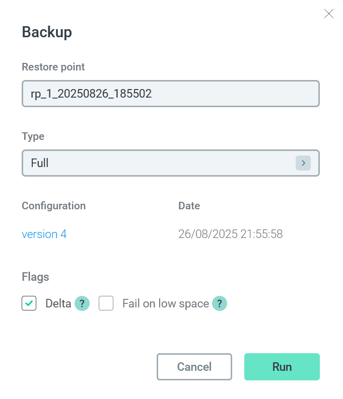 Форма действия Backup