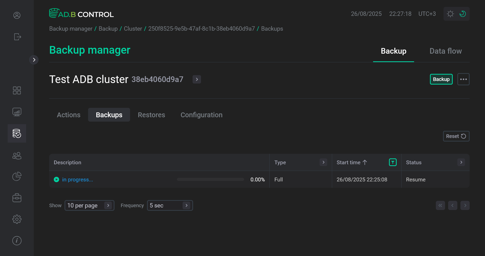 Бэкап в статусе Resume