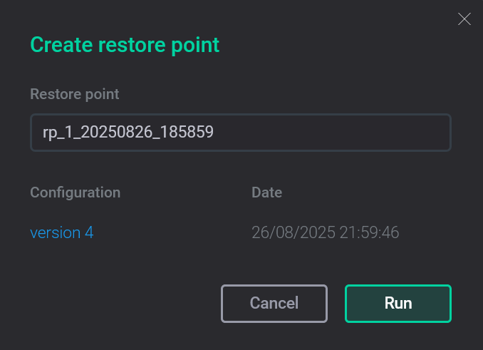Форма действия Create restore point