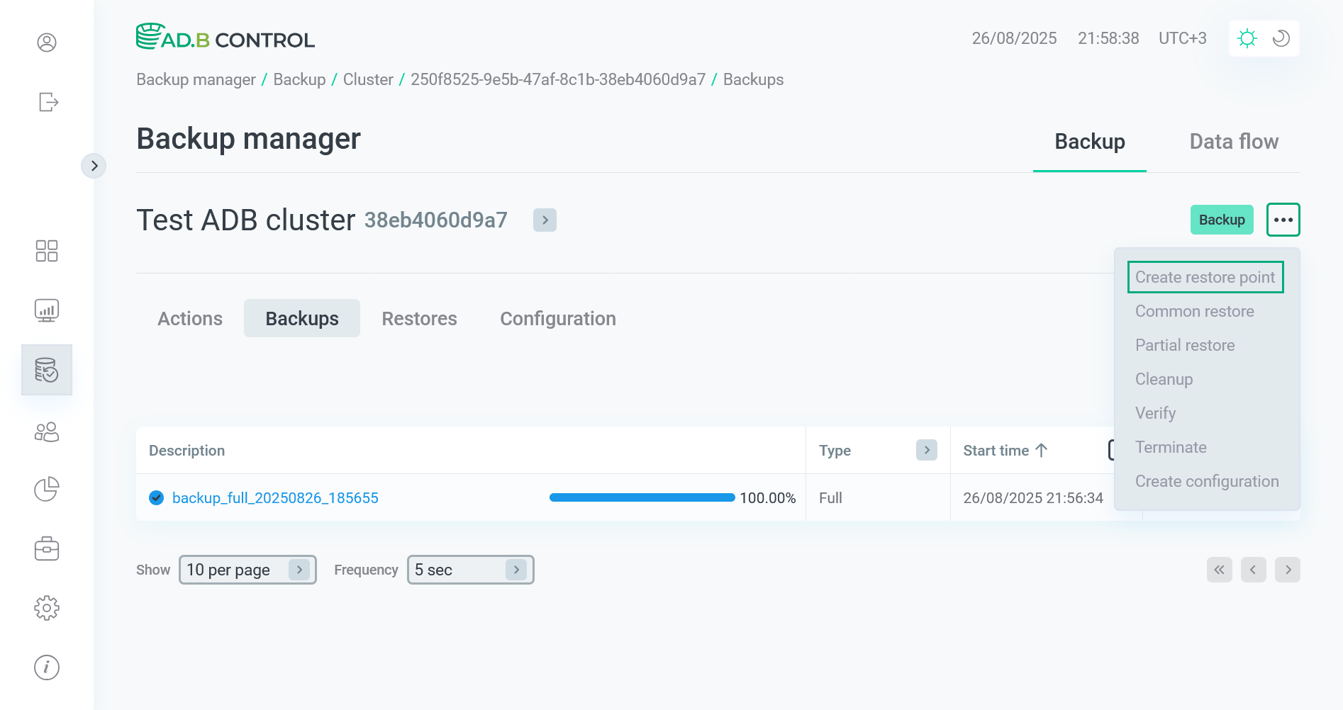 Переход к действию Create restore point