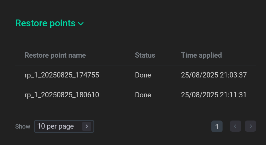 Секция Restore points
