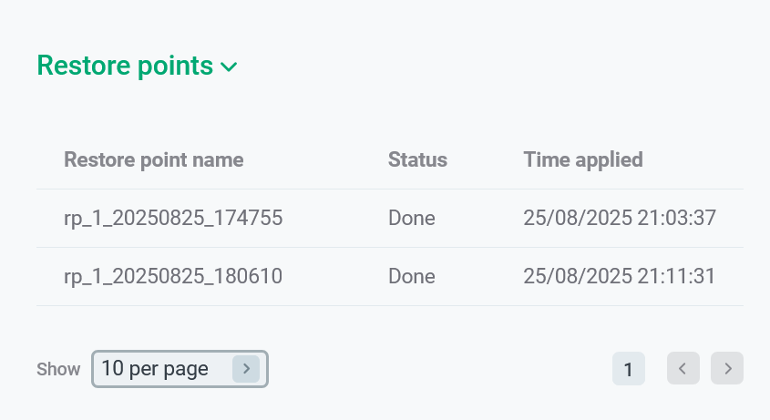 Секция Restore points