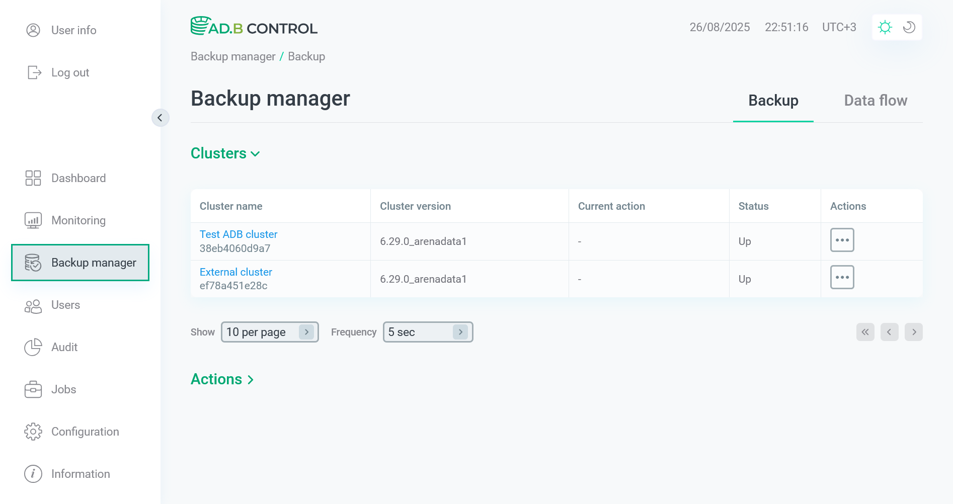 Страница Backup manager
