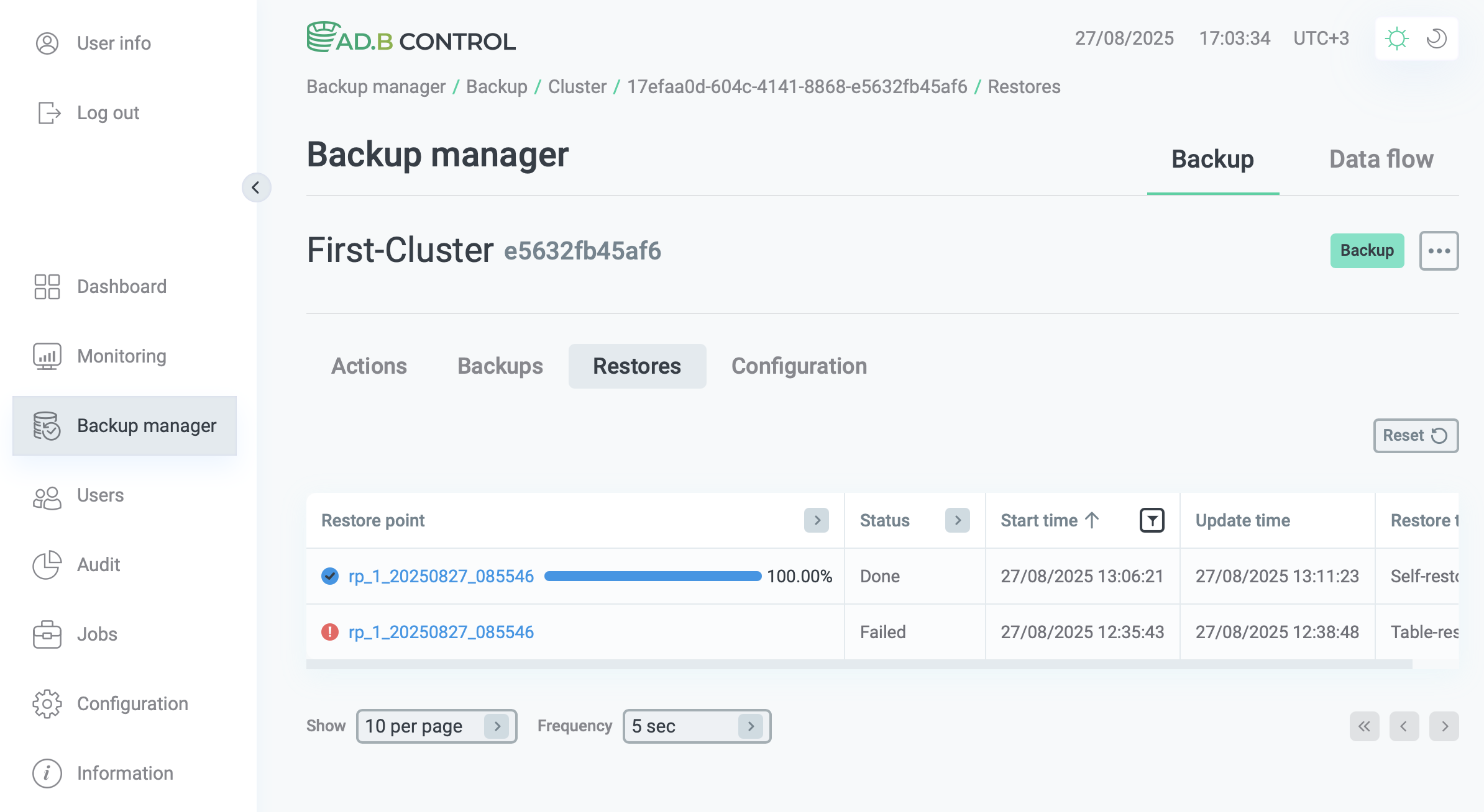 Вкладка Restores