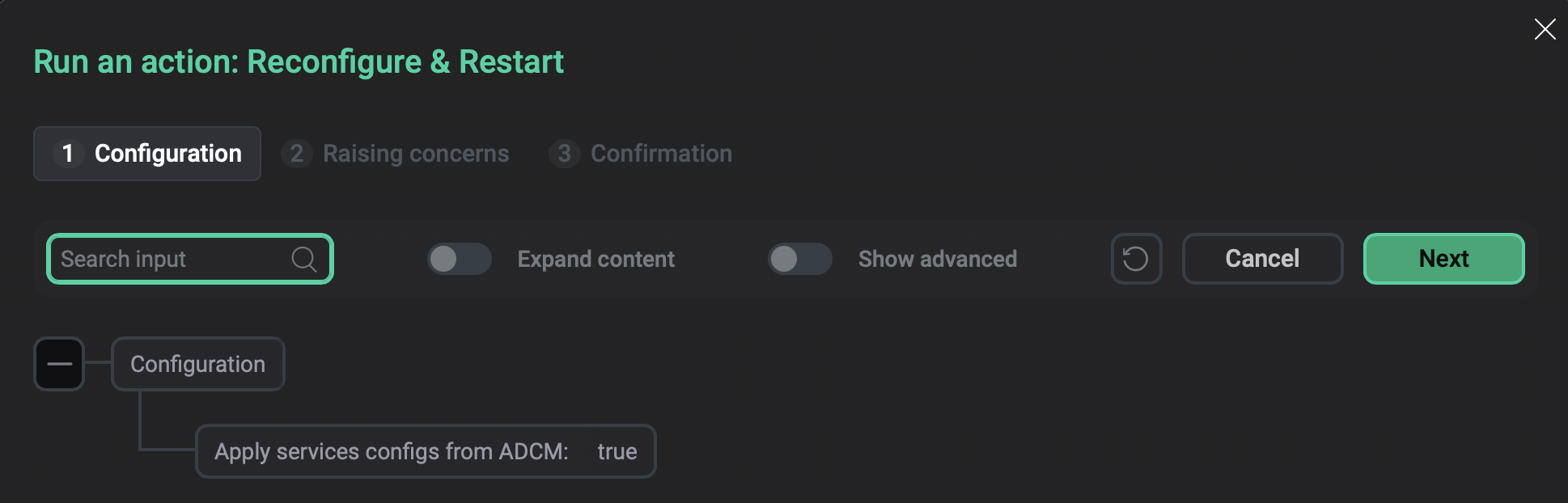 Окно Reconfigure & Restart