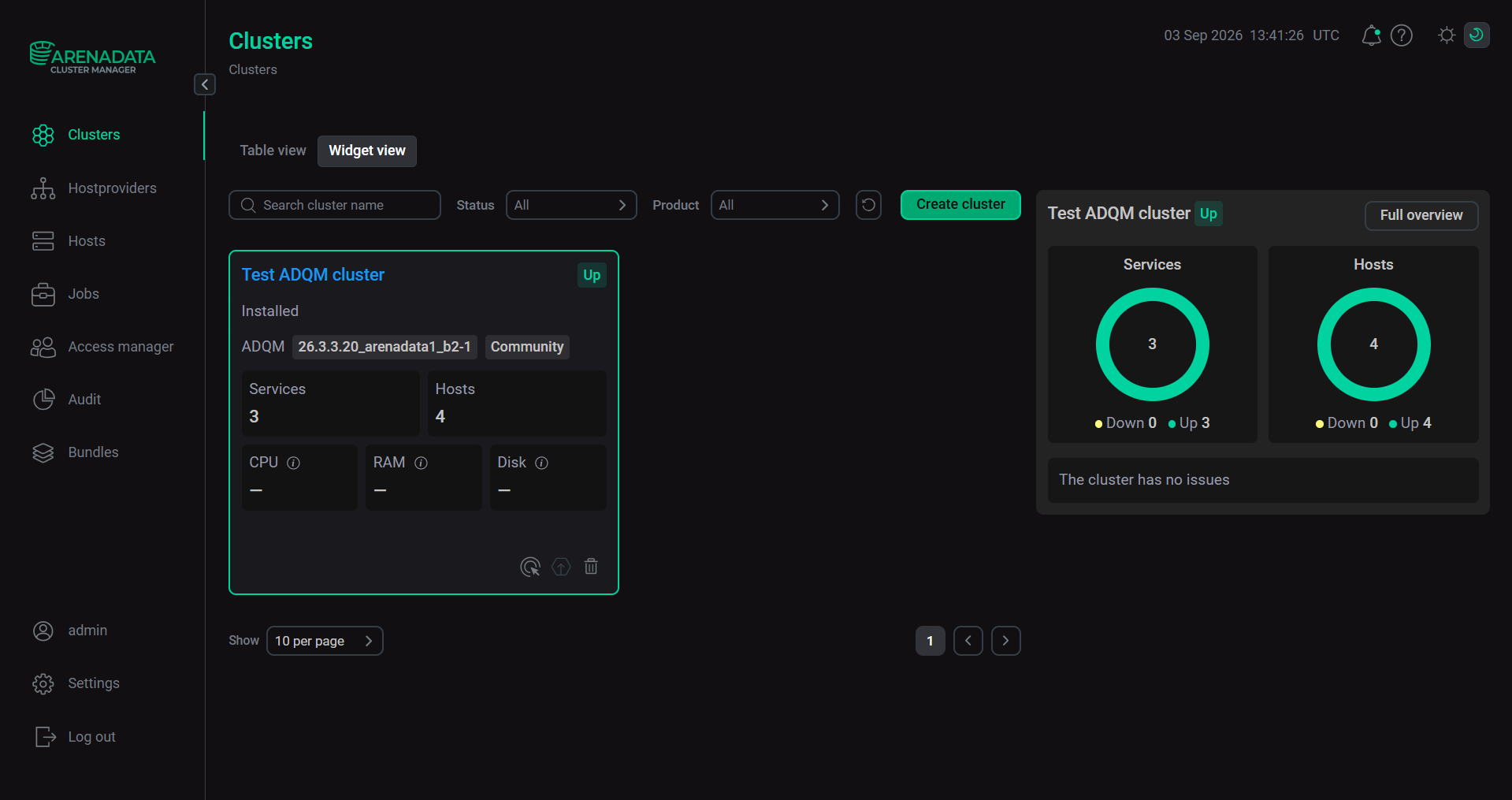 Страница Clusters в режиме Widget view