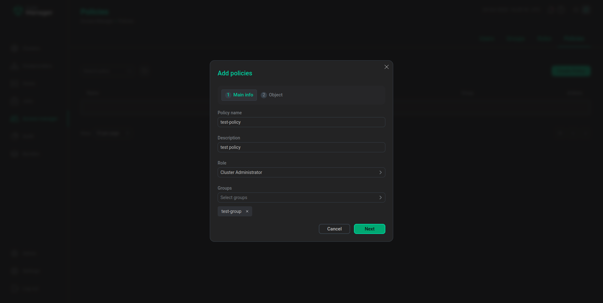 Окно Add Policies — Main info