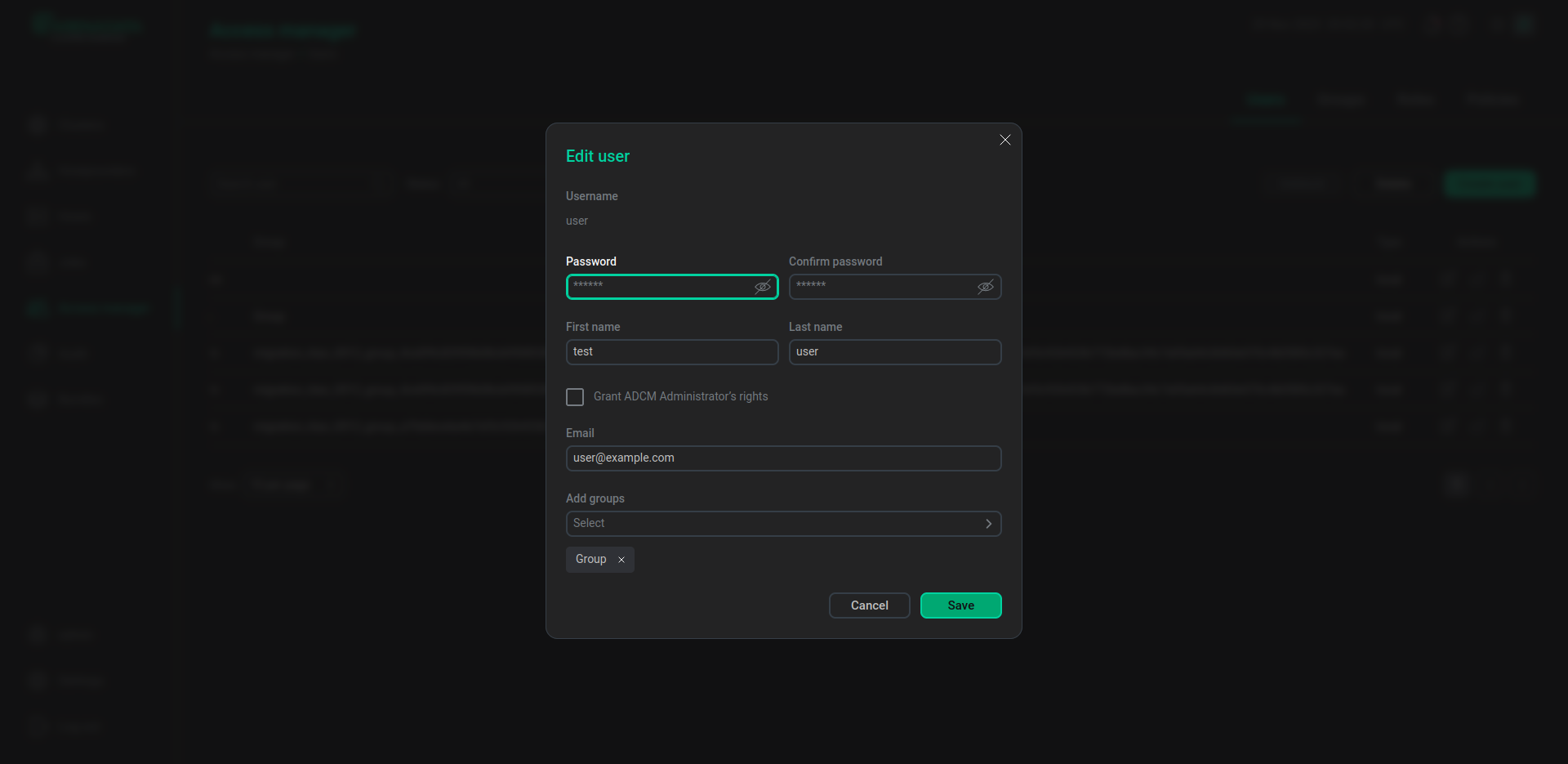 Окно Edit user