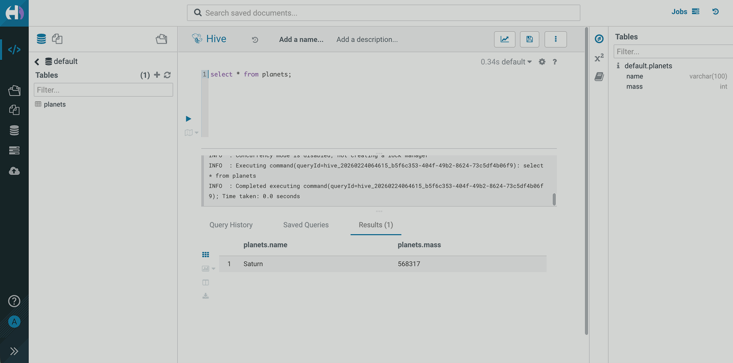 Результат запроса в HUE с отфильтрованными данными