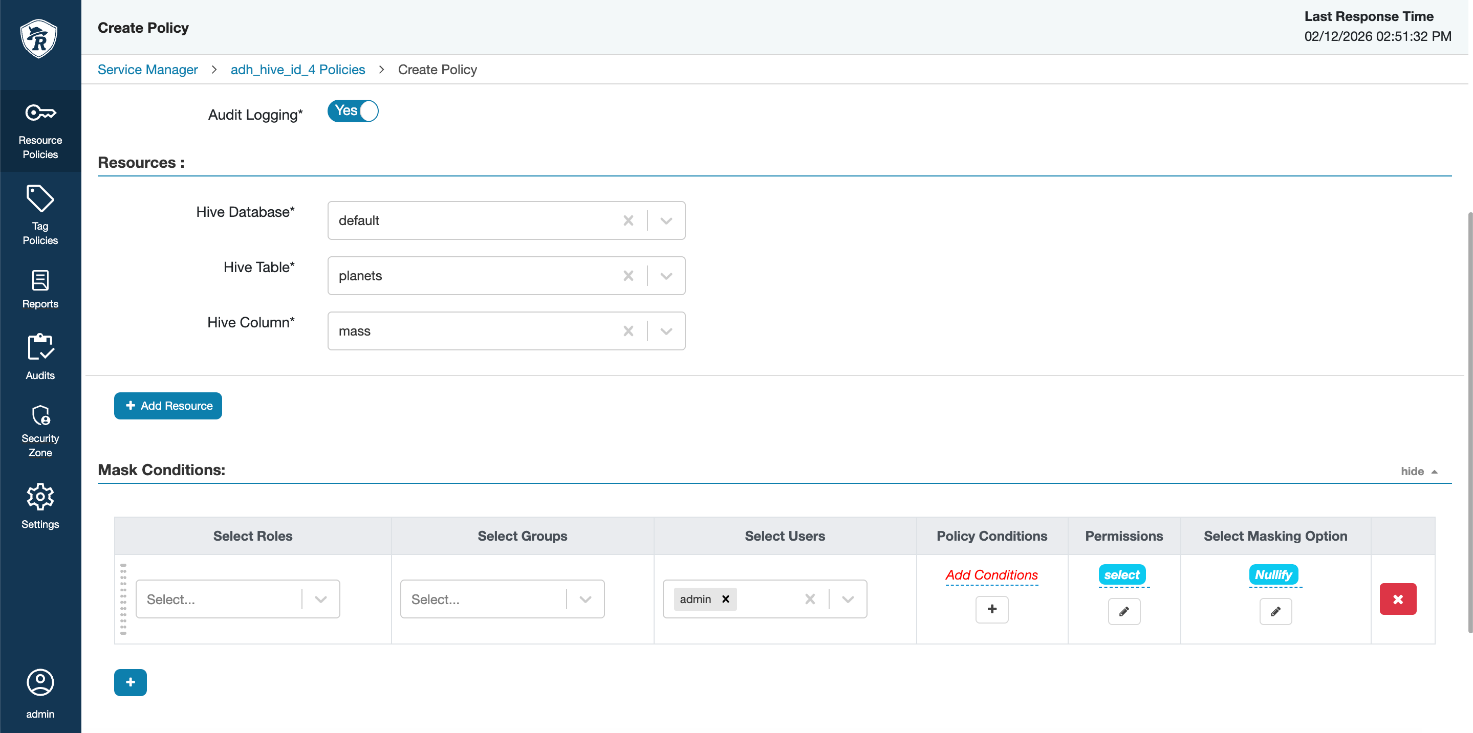 Параметры политики маскирования