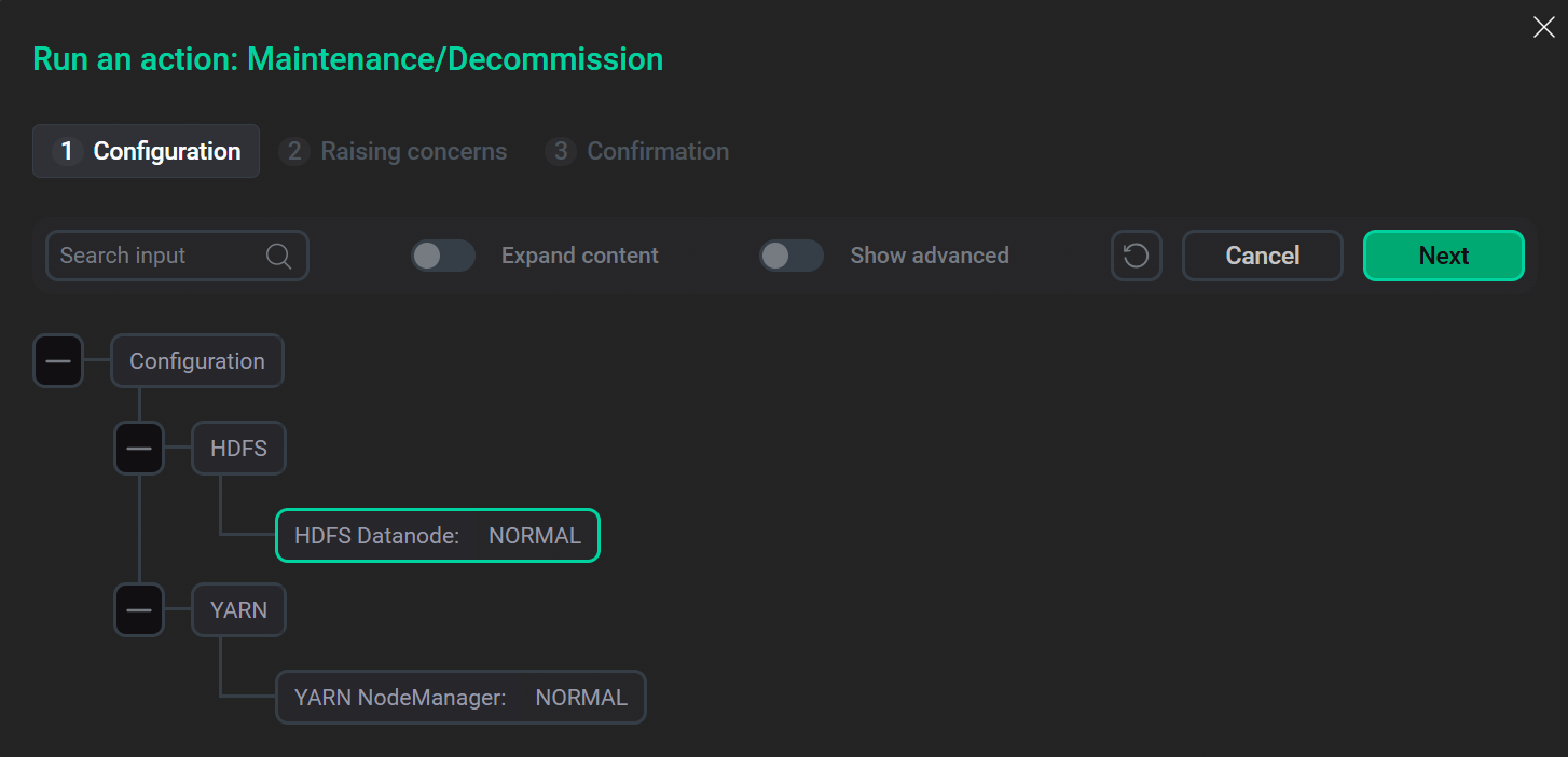 Диалоговое окно запуска действия Maintenance/Decommission