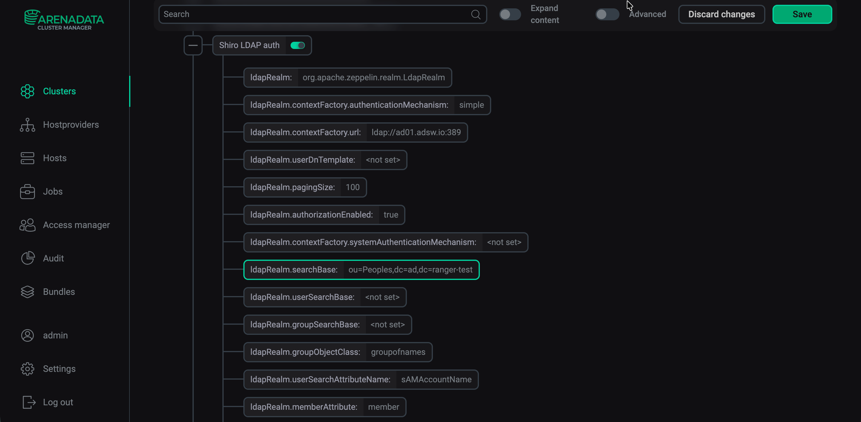 Параметры LDAP-аутентификации Shiro