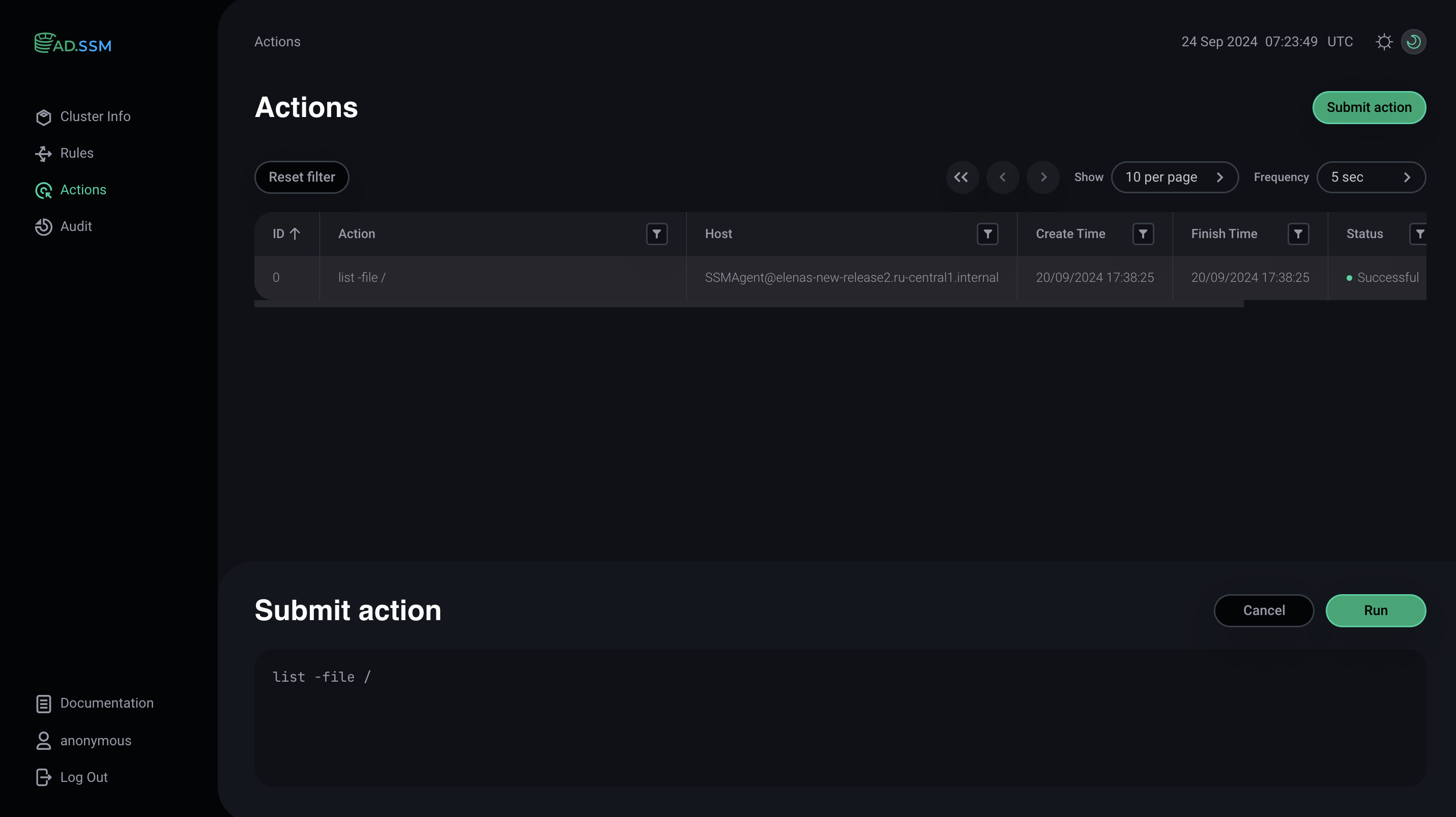 Страница Actions с панелью Submit action