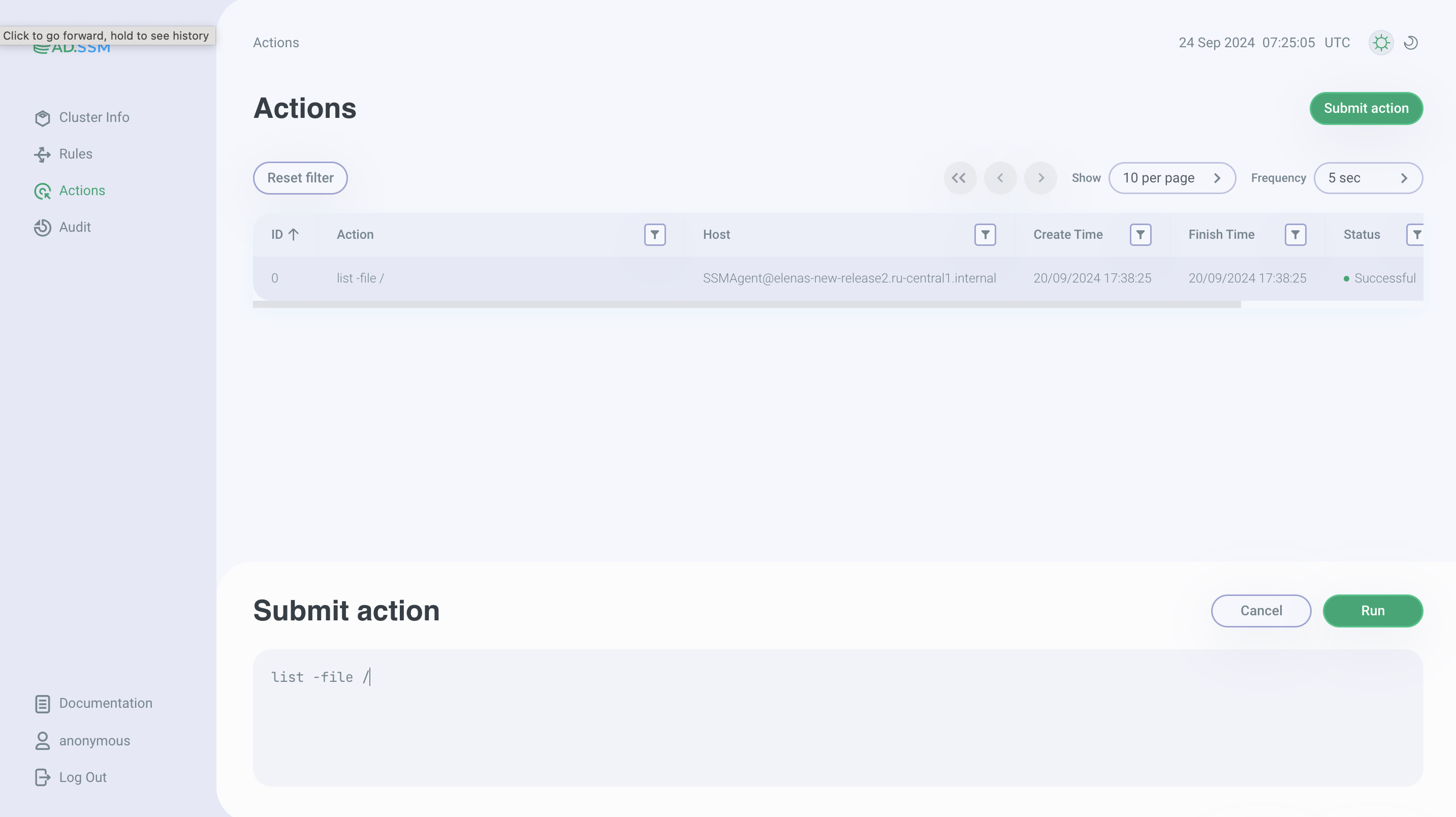 Страница Actions с панелью Submit action