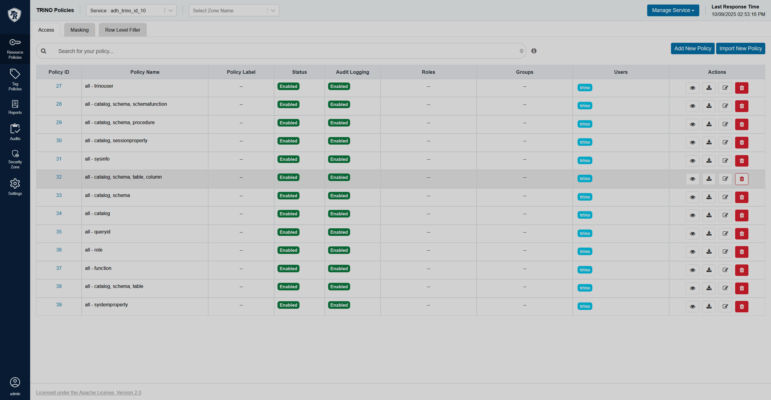 Удаление политики в Trino