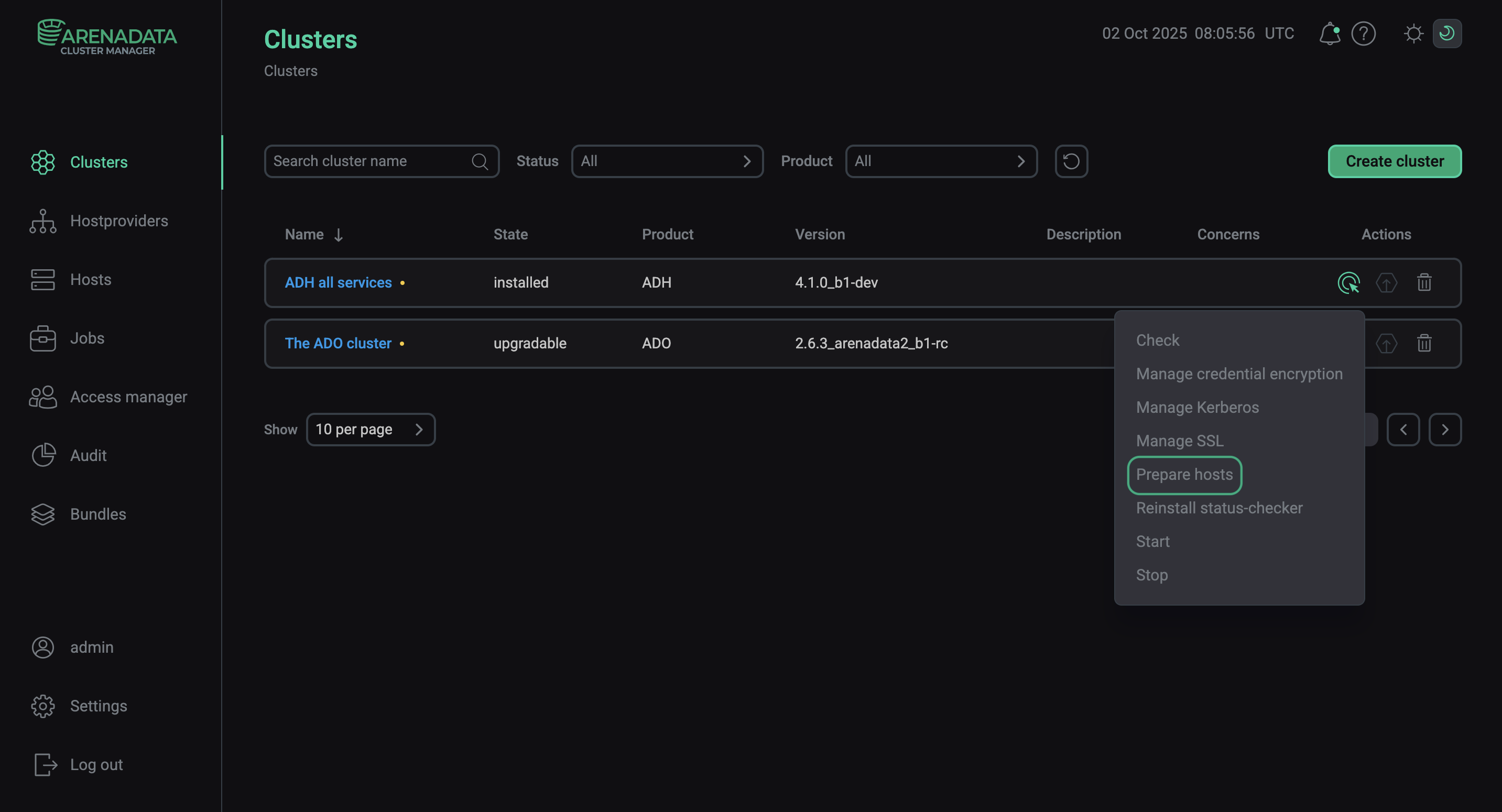 Выполнение действия Prepare hosts на странице Clusters