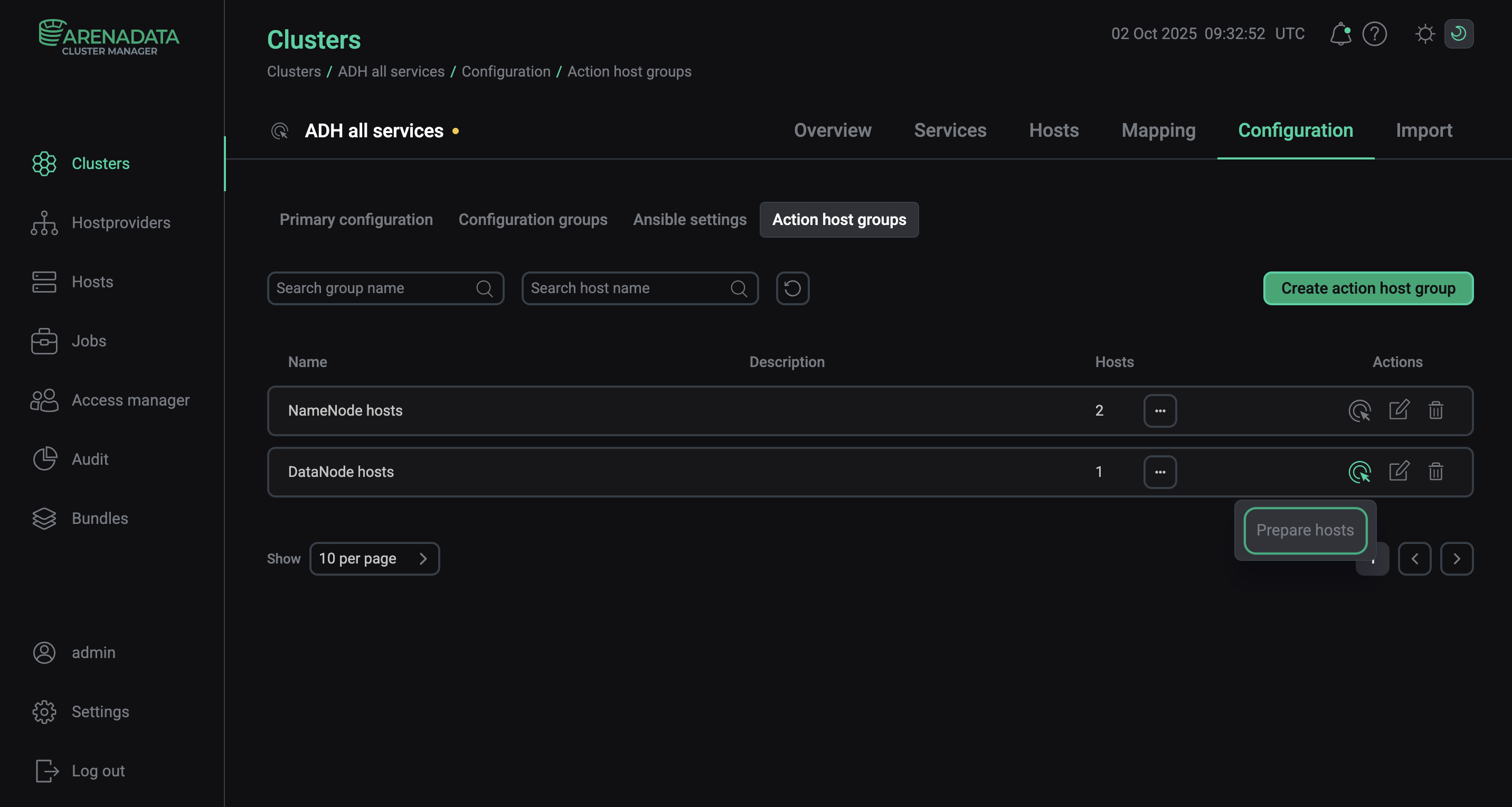 Выполнение действия Prepare hosts для группы хостов