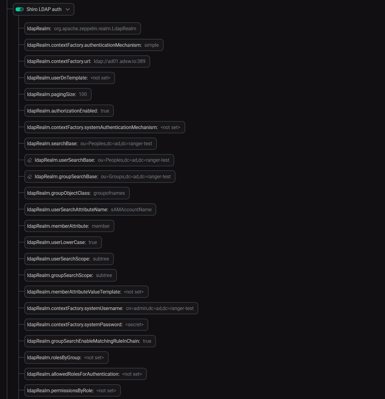 Параметры LDAP-аутентификации в Zeppelin