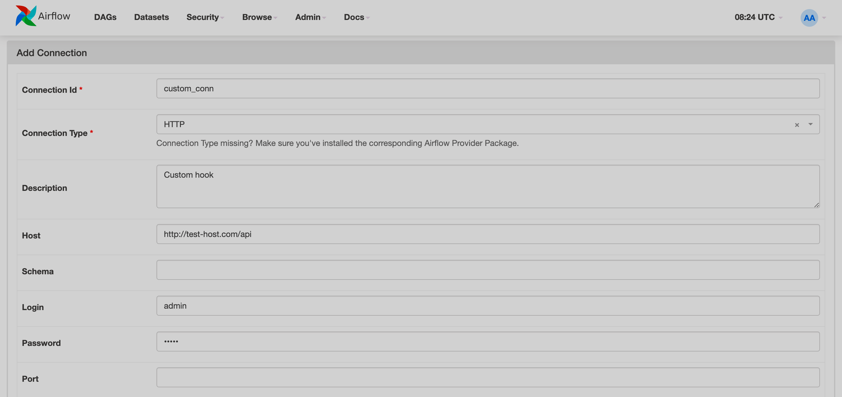 Добавление нового соединения в веб-интерфейсе Airflow