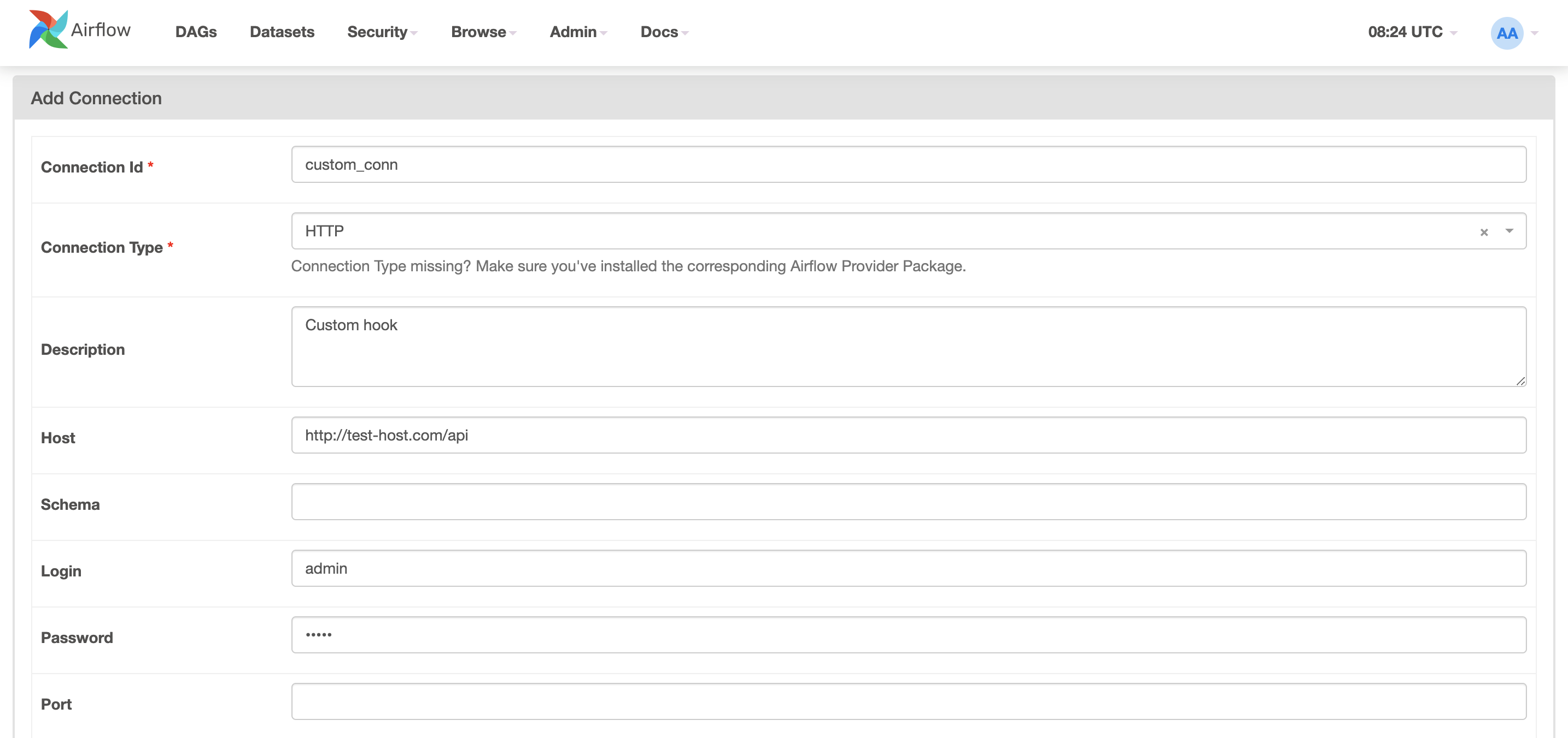 Добавление нового соединения в веб-интерфейсе Airflow