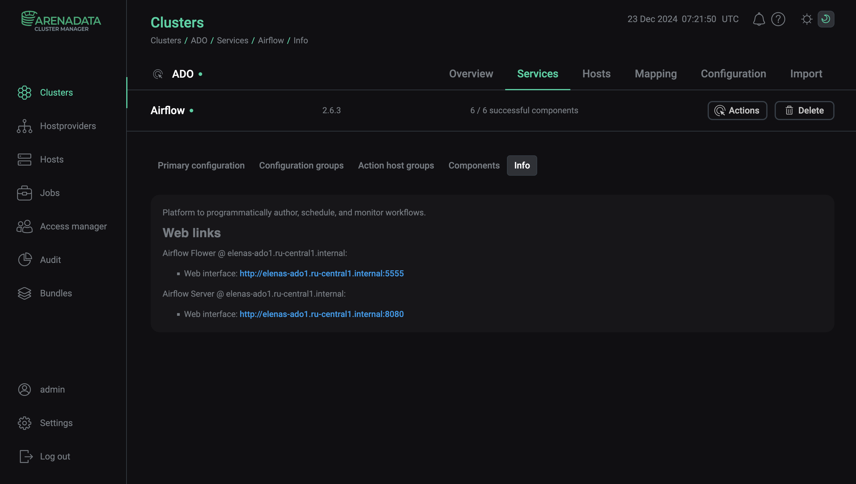 Ссылки на веб-интерфейсы сервиса Airflow2 в ADCM