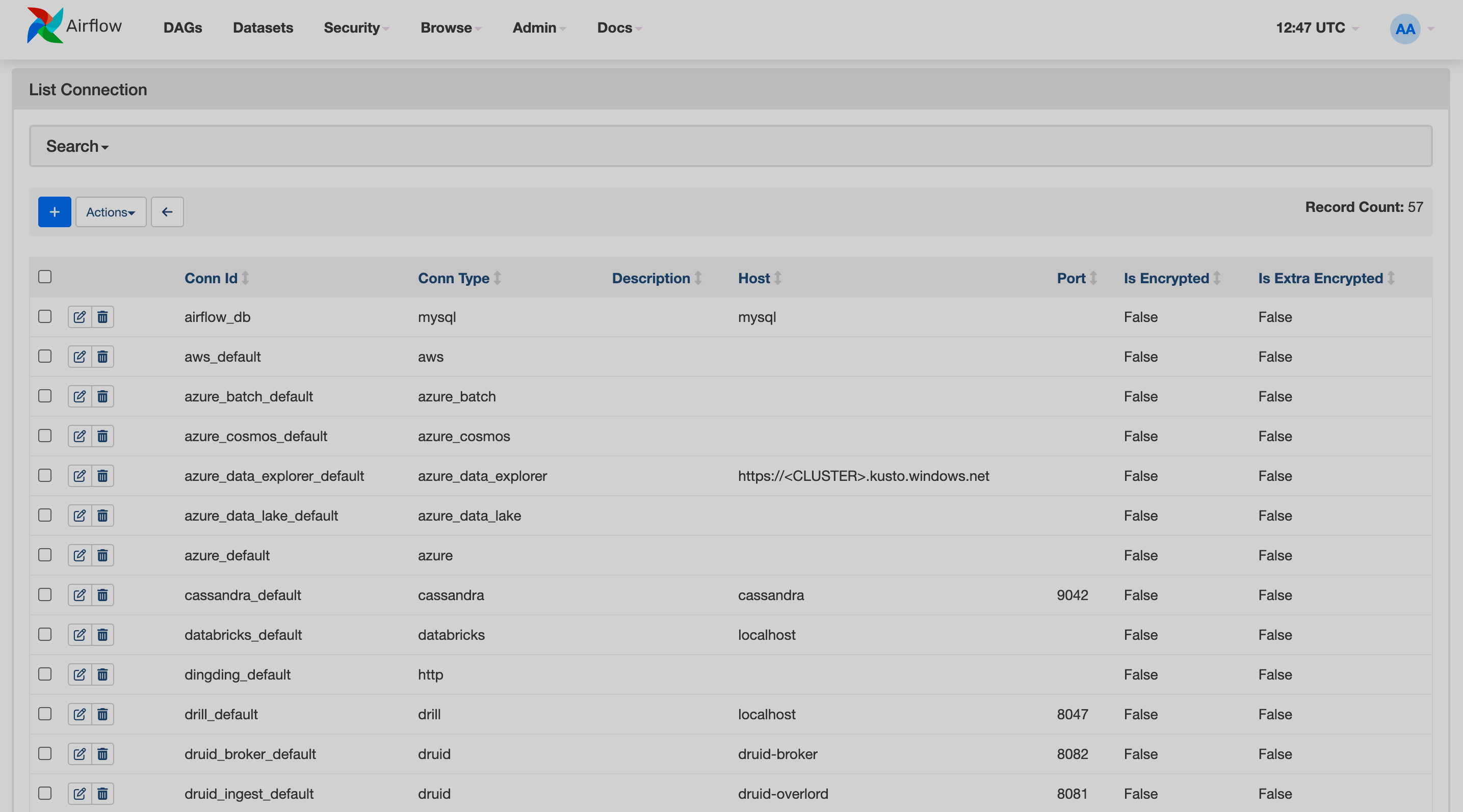 Airflow UI: страница Connections