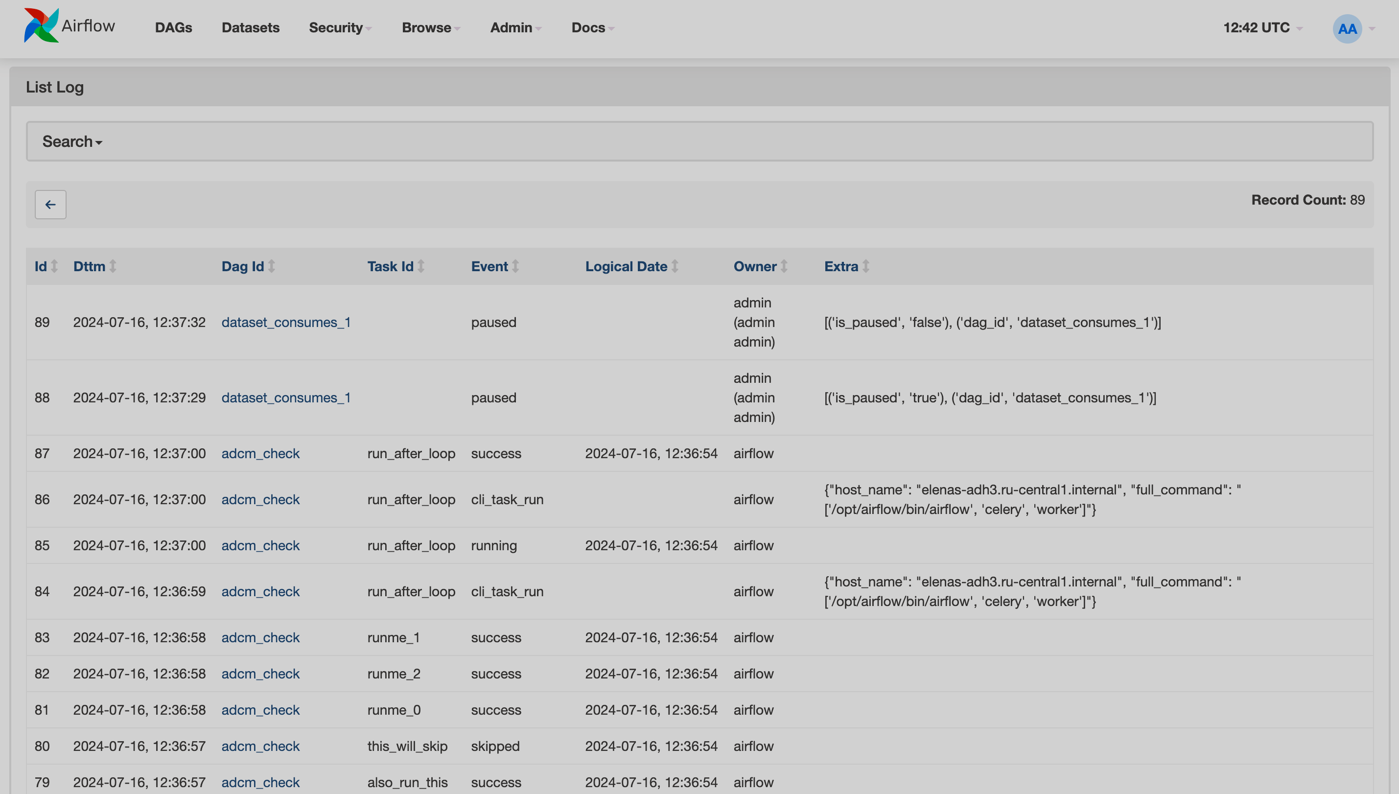 Airflow UI: страница Audit Logs