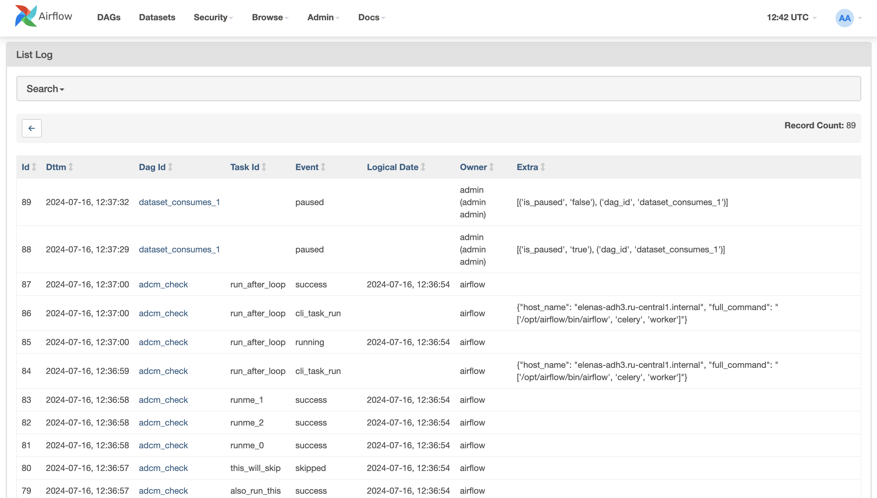 Airflow UI: страница Audit Logs