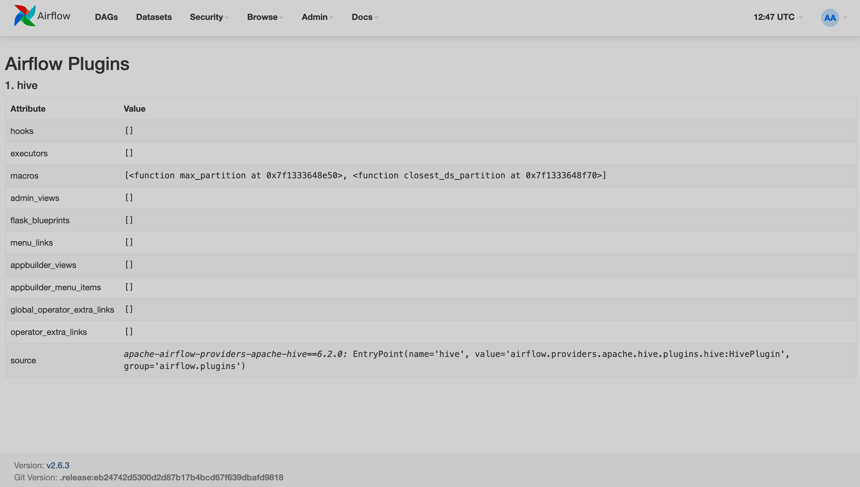 Airflow UI: страница Plugins
