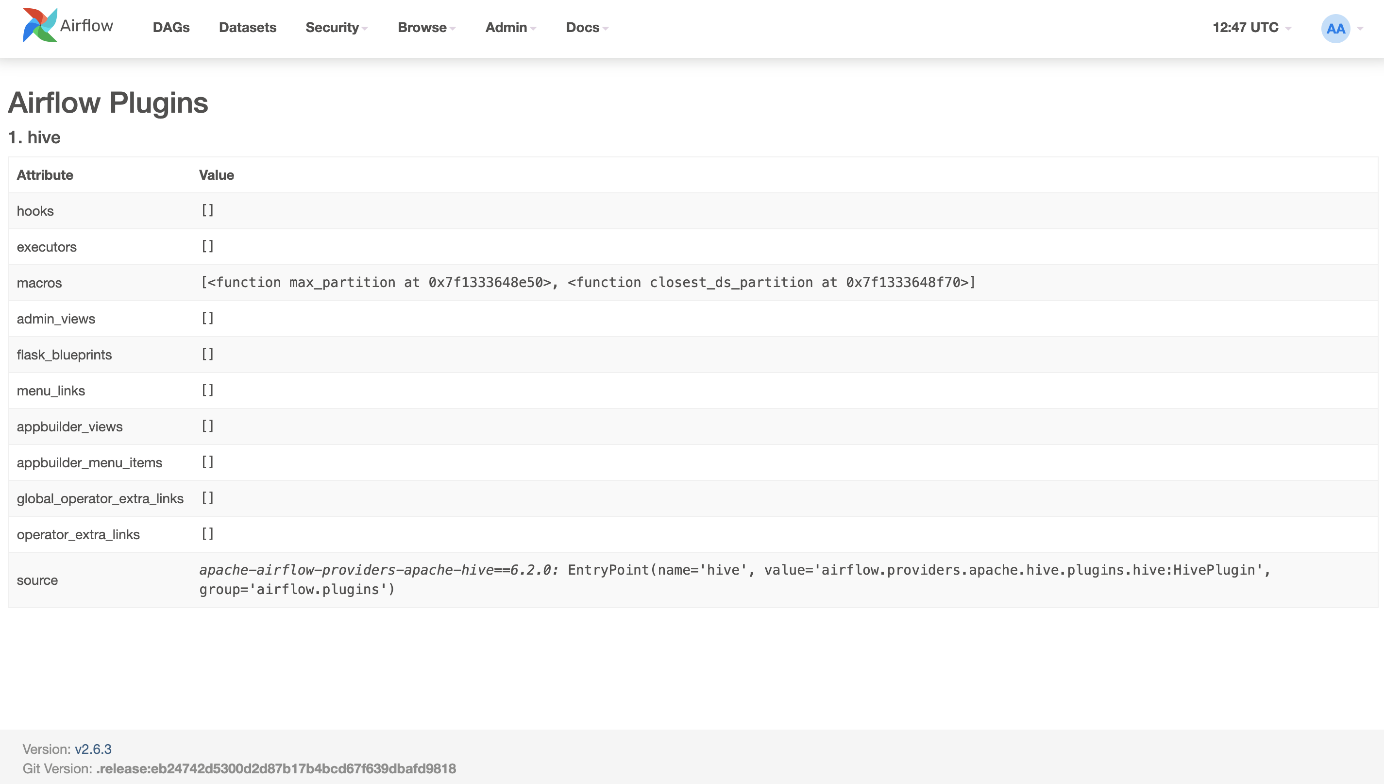 Airflow UI: страница Plugins