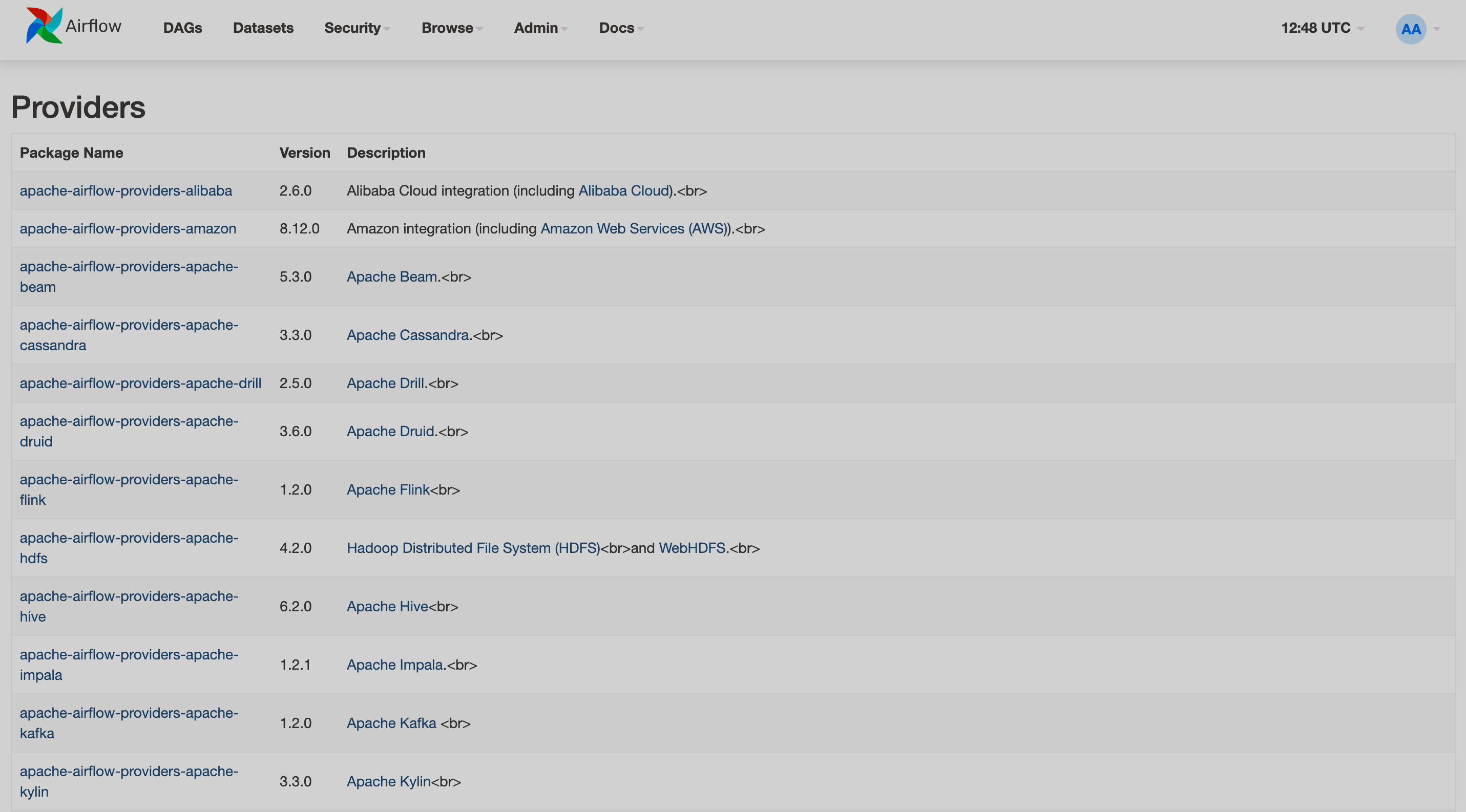 Airflow UI: страница Providers