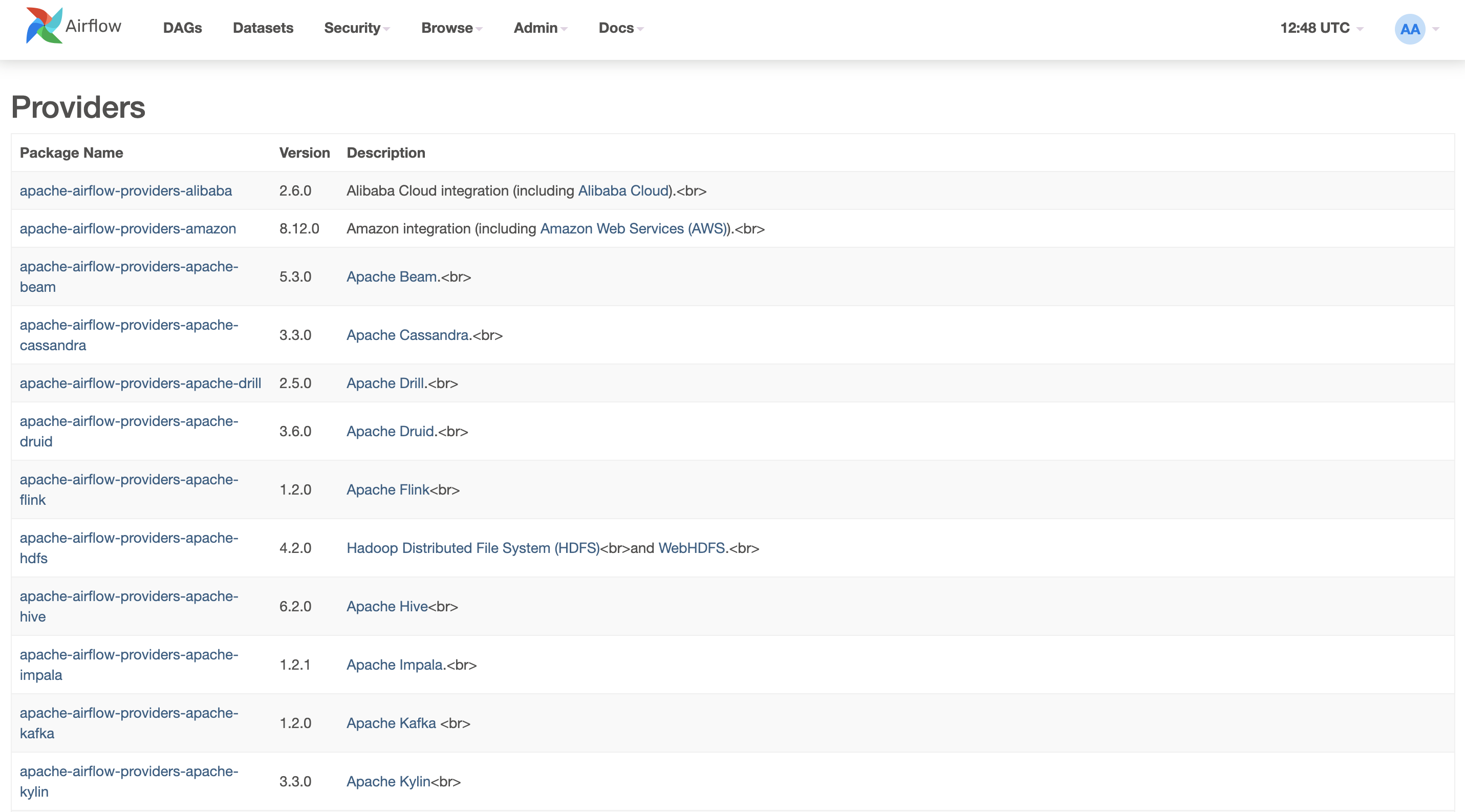 Airflow UI: страница Providers