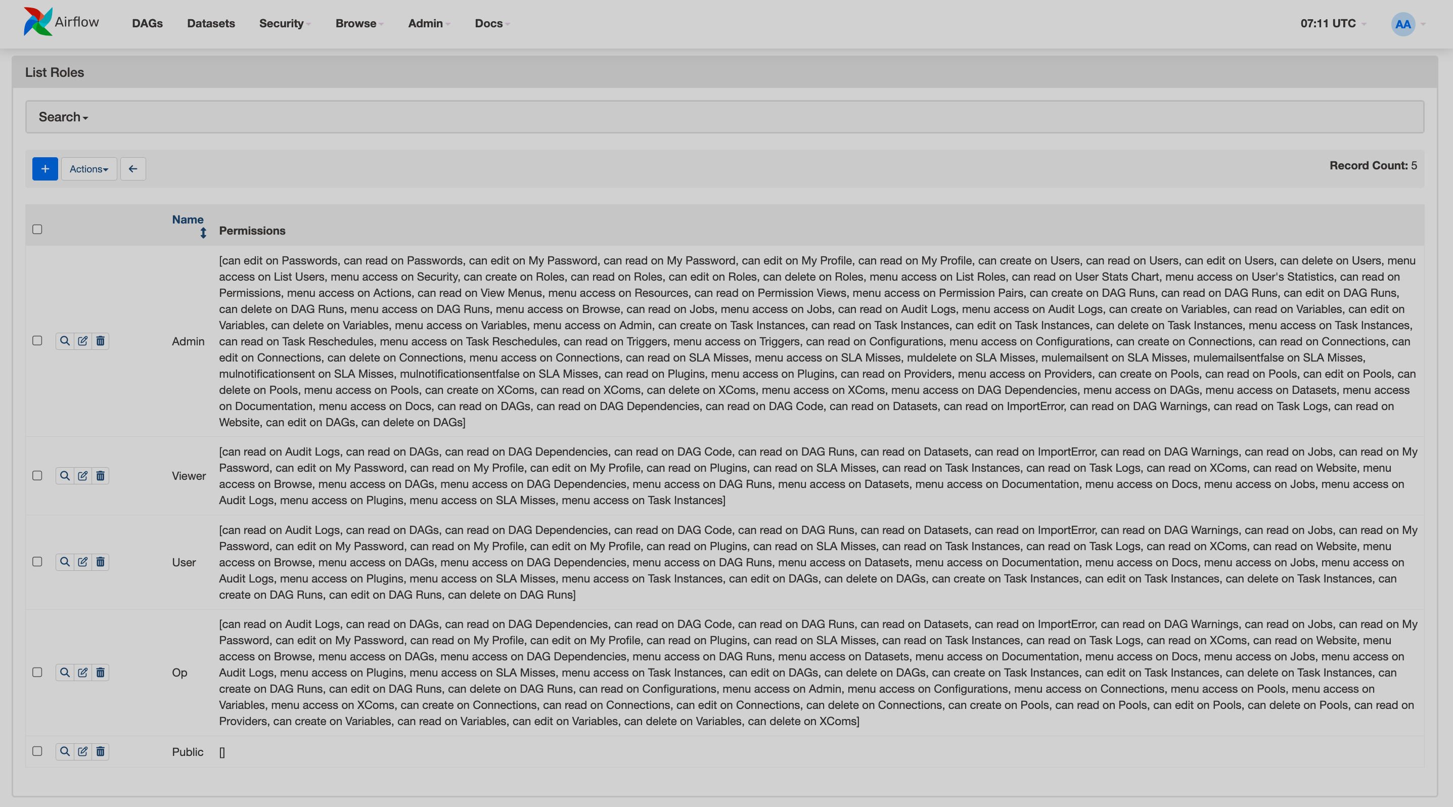 Airflow UI: страница List Roles