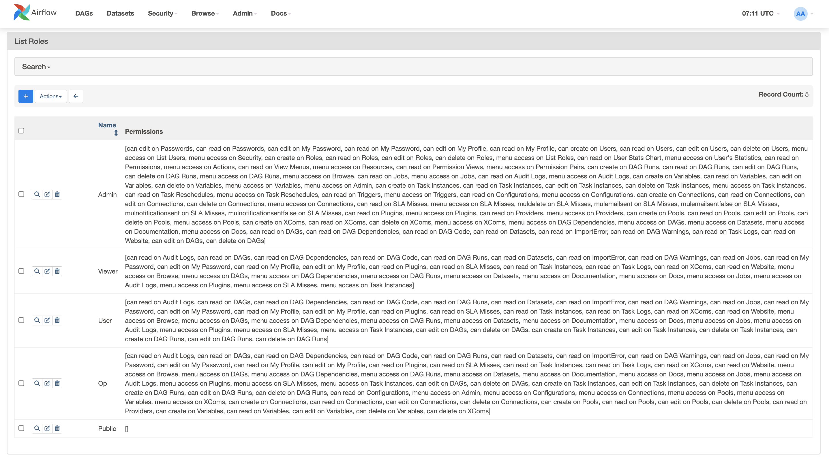 Airflow UI: страница List Roles