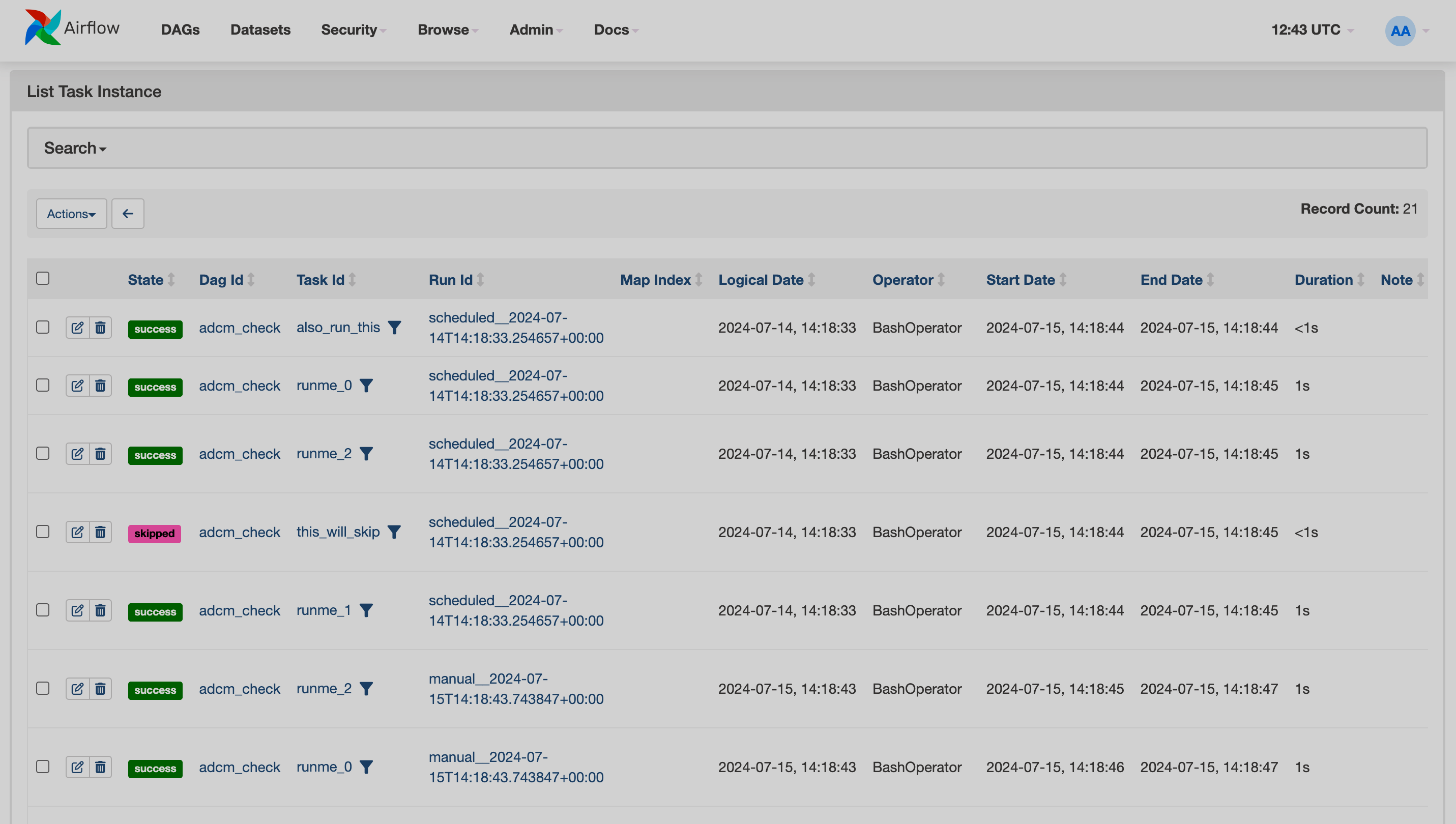 Airflow UI: страница Task Instances