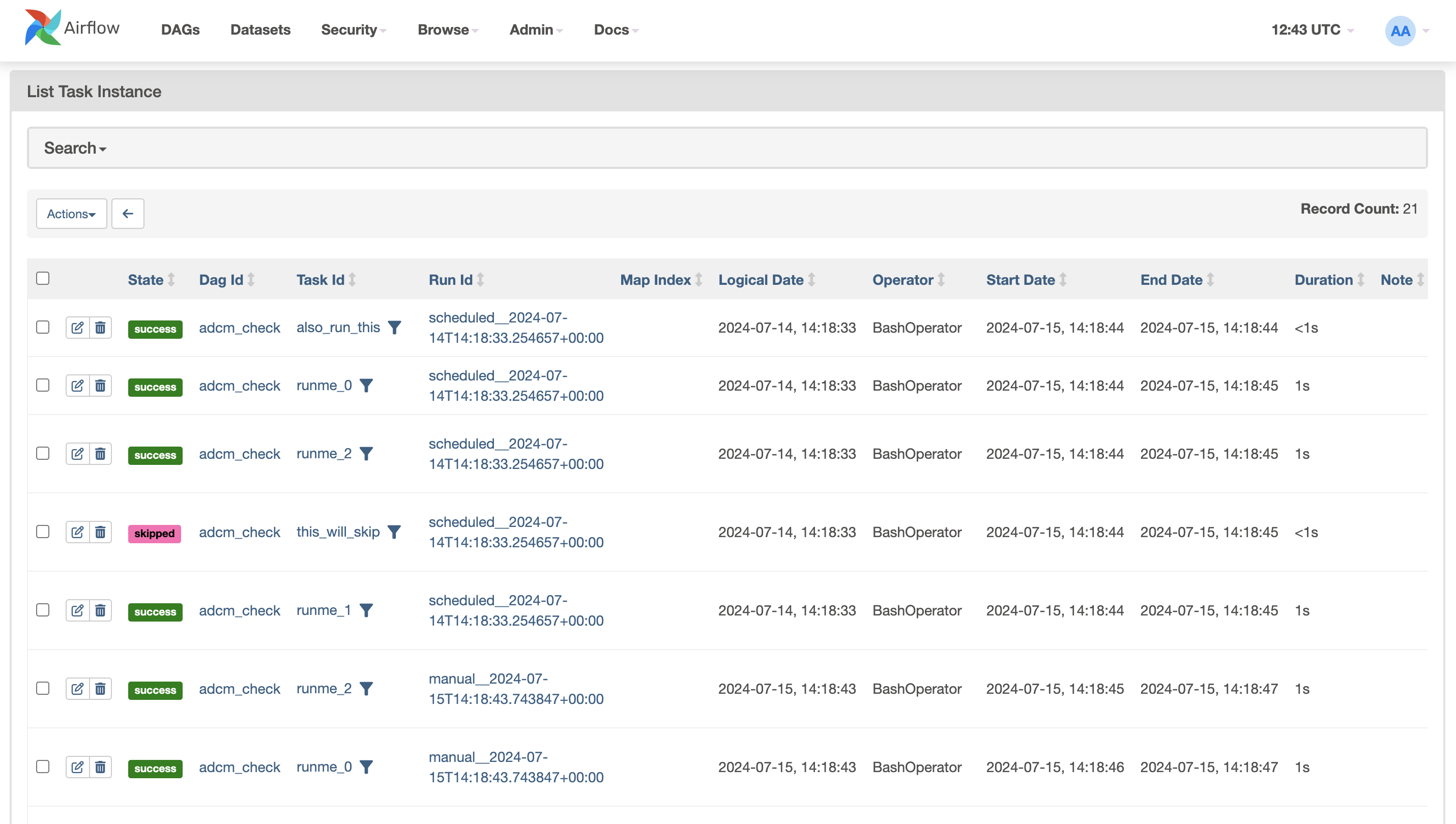 Airflow UI: страница Task Instances