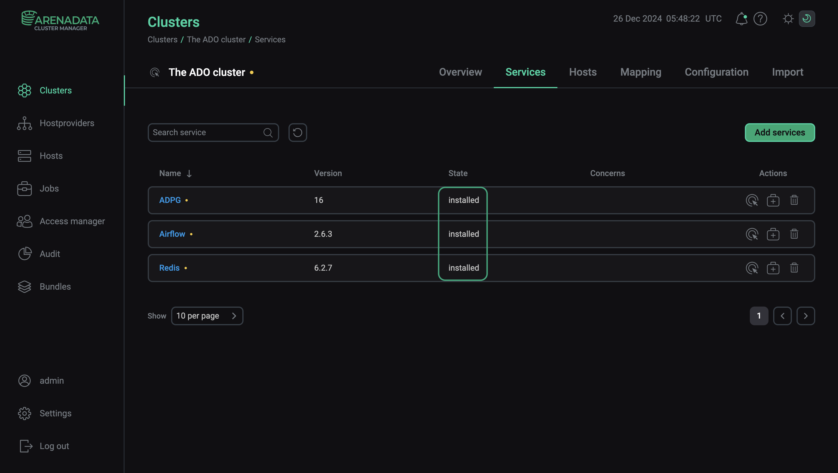 Статус сервисов кластера после успешной установки